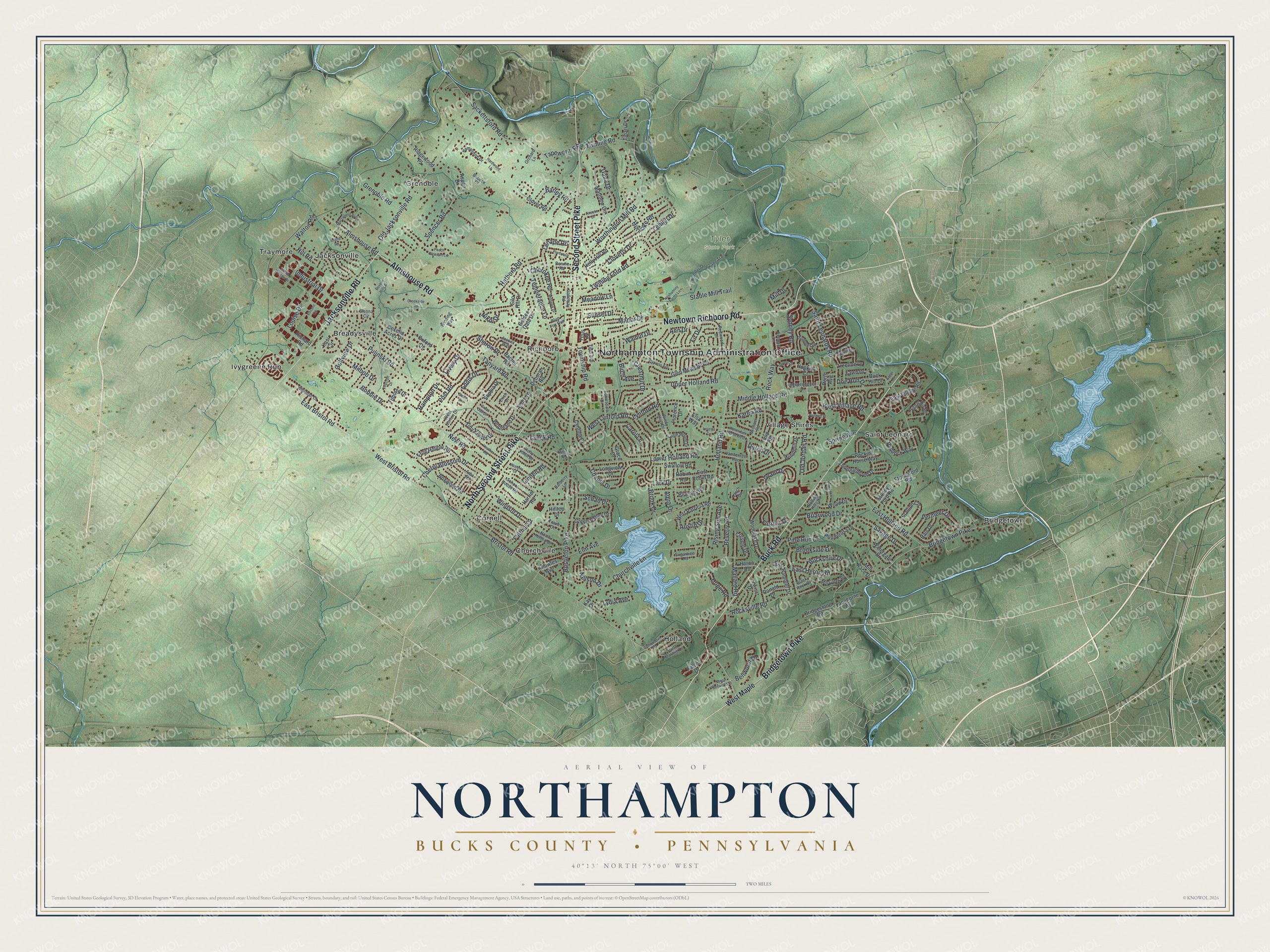 Full map of Northampton, Bucks County, Pennsylvania, with red buildings, printed street names and the land around them