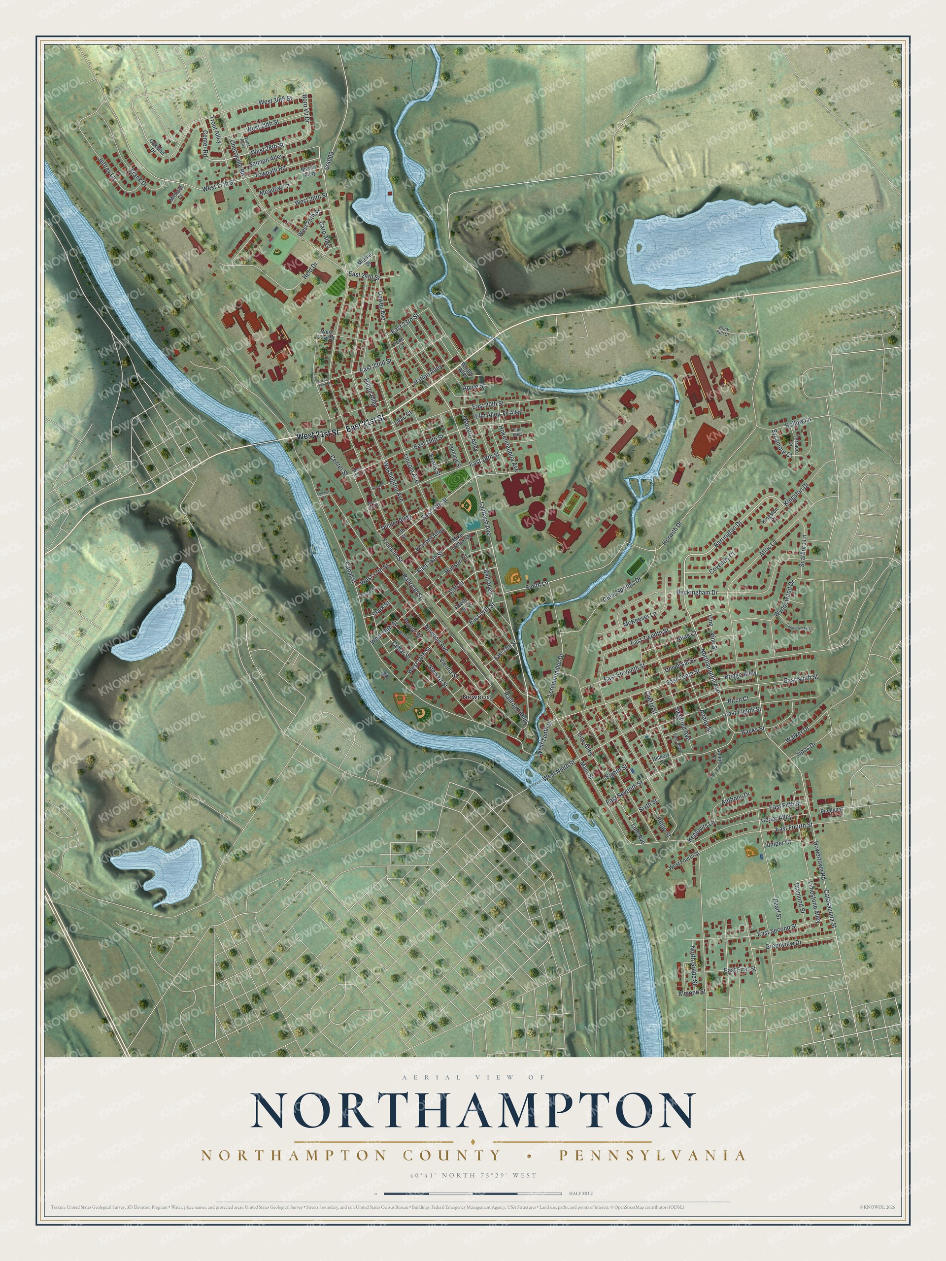 Full map of Northampton, Northampton County, Pennsylvania, with red buildings, printed street names and the land around them