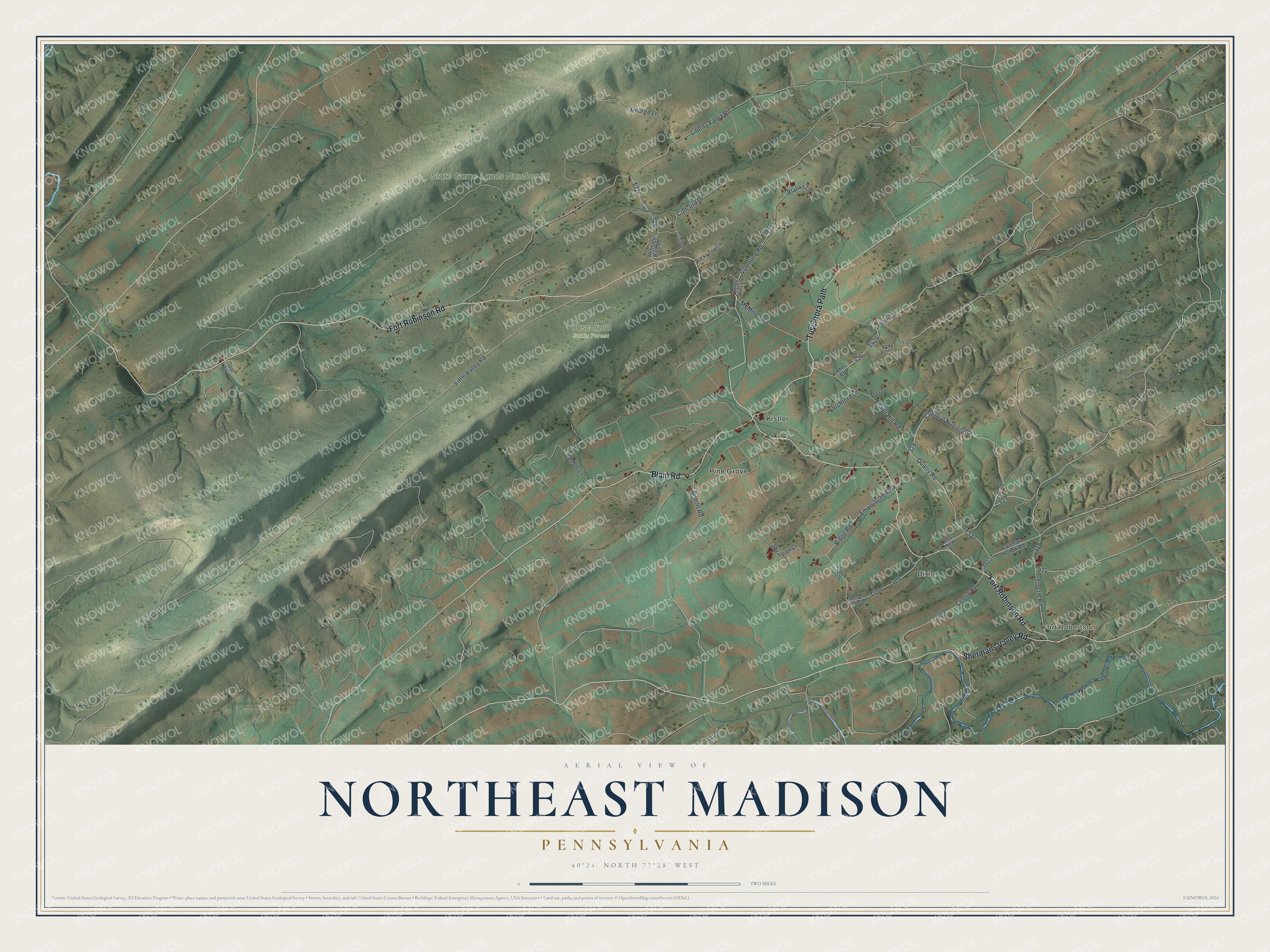 Full map of Northeast Madison, Pennsylvania, with red buildings, printed street names and the land around them