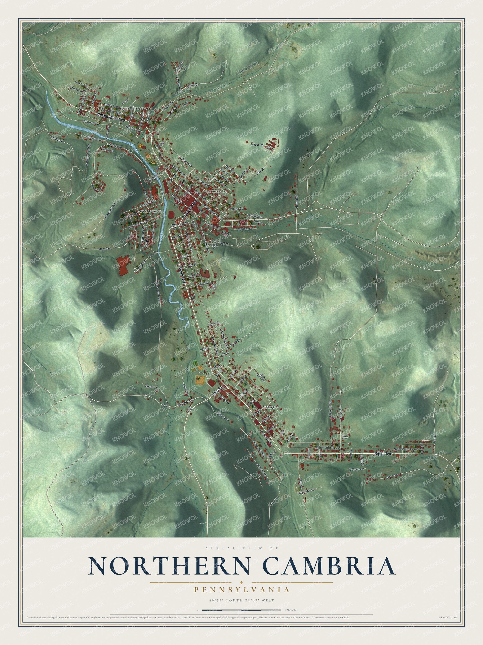 Full map of Northern Cambria, Pennsylvania, with red buildings, printed street names and the land around them