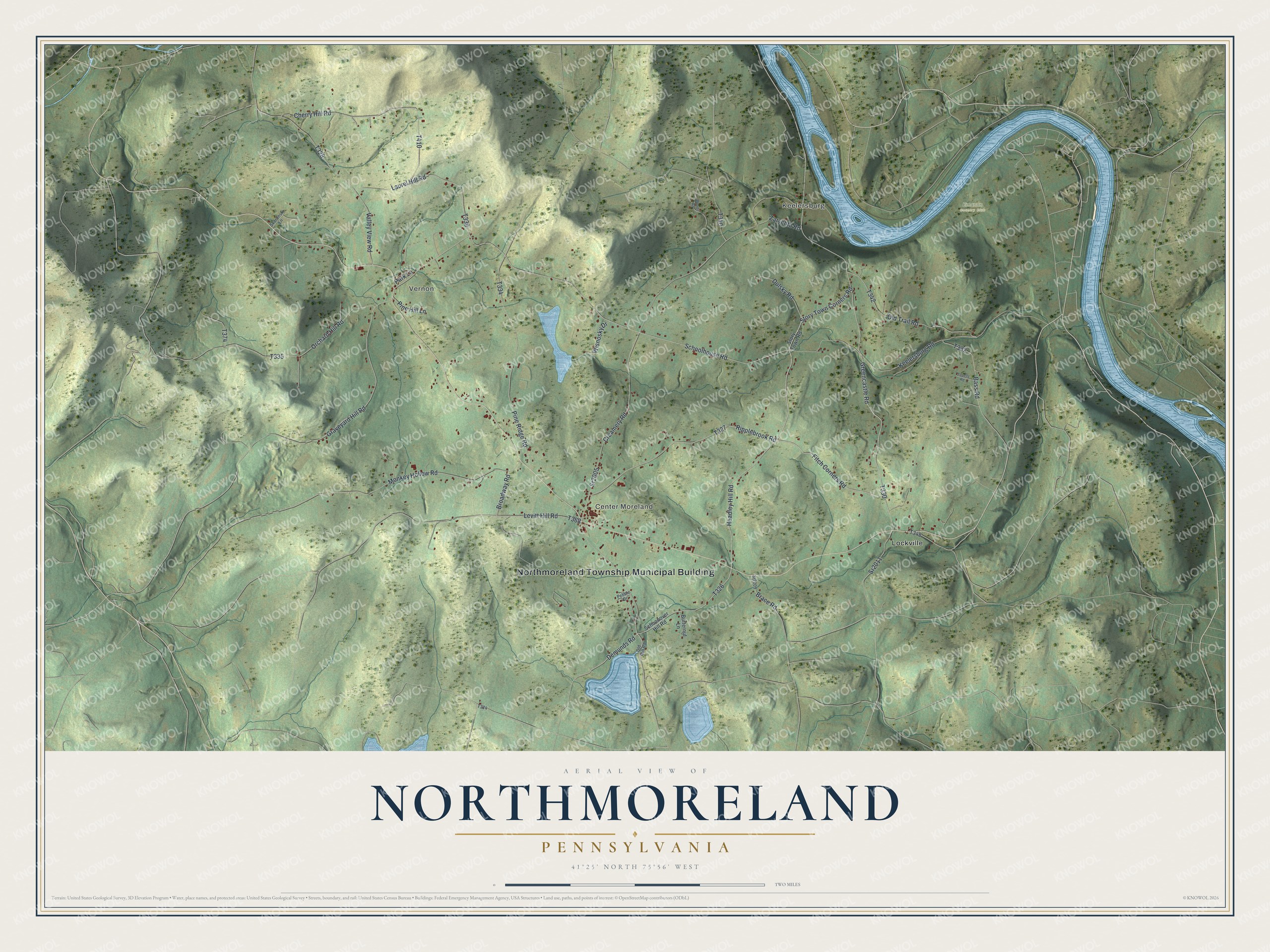 Full map of Northmoreland, Pennsylvania, with red buildings, printed street names and the land around them