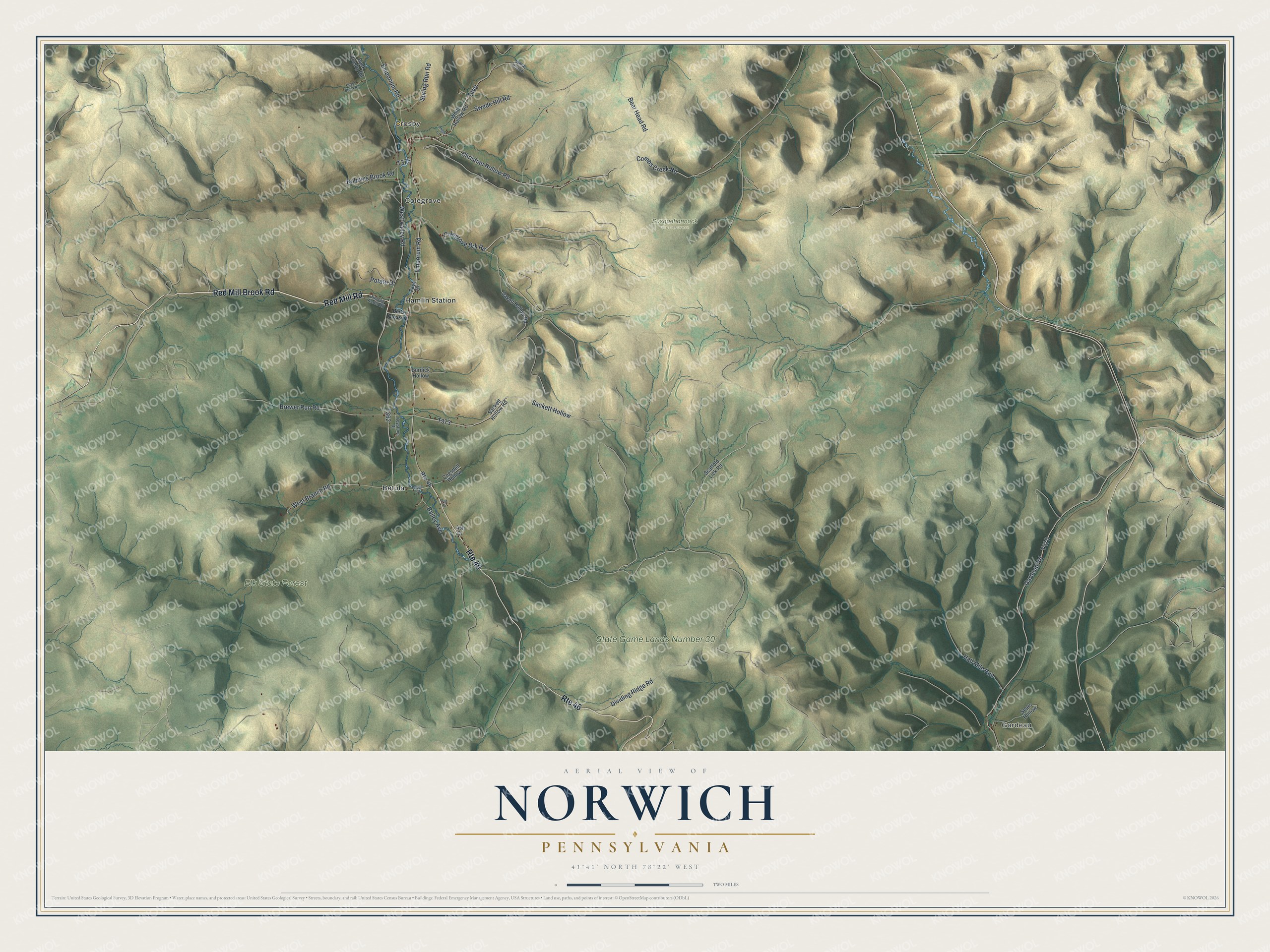 Full map of Norwich, Pennsylvania, with red buildings, printed street names and the land around them