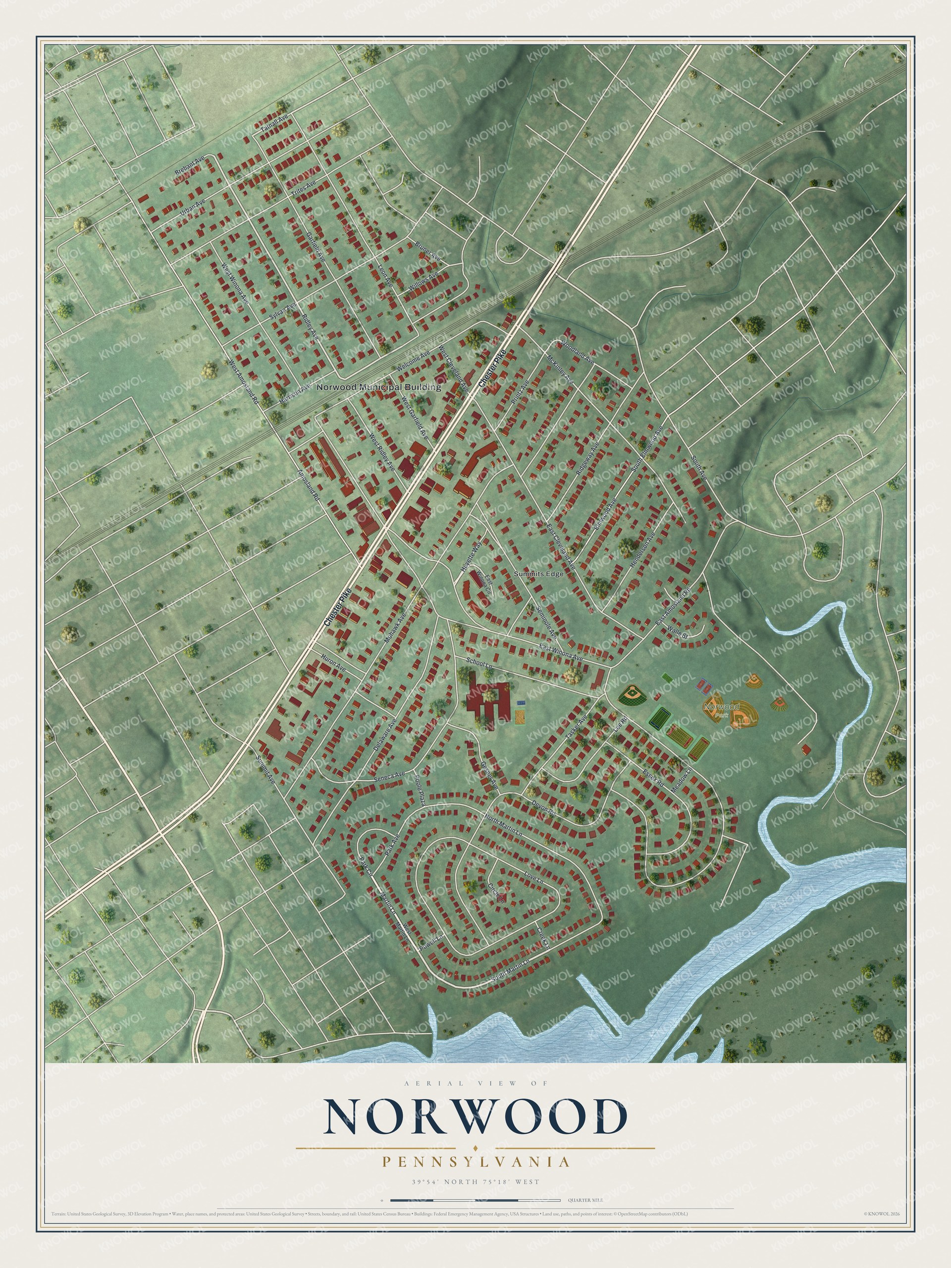 Aerial-style map of Norwood, Pennsylvania with red buildings on green land, Chester Pike on a diagonal and a blue creek at the lower right