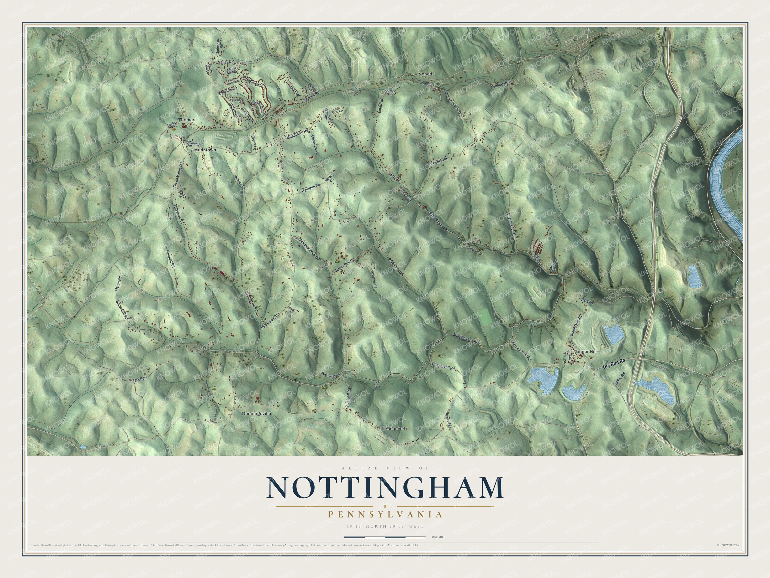 Full map of Nottingham, Pennsylvania, with red buildings, printed street names and the land around them