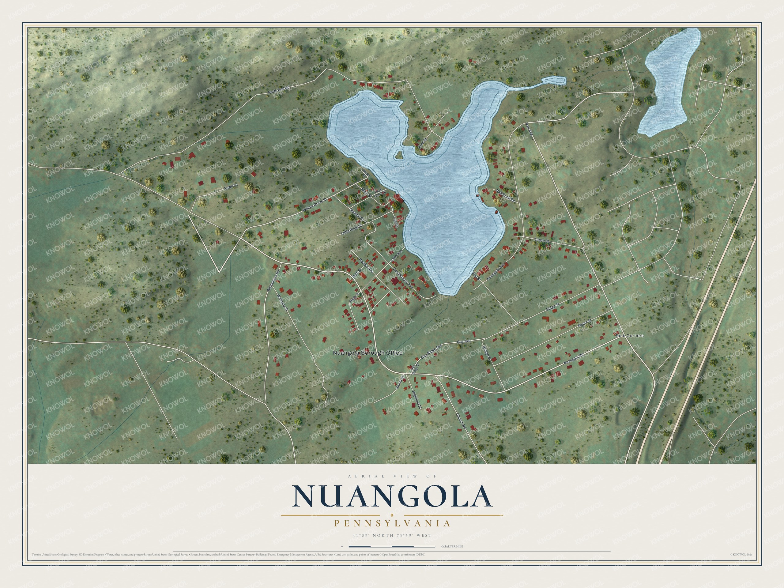 Full map of Nuangola, Pennsylvania, with red buildings, printed street names and the land around them