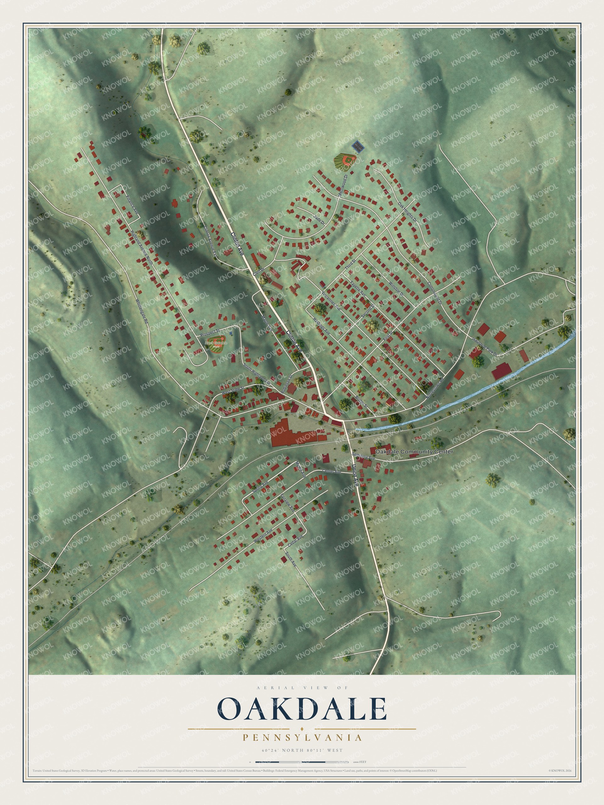 Full map of Oakdale, Pennsylvania, with red buildings, printed street names and the land around them