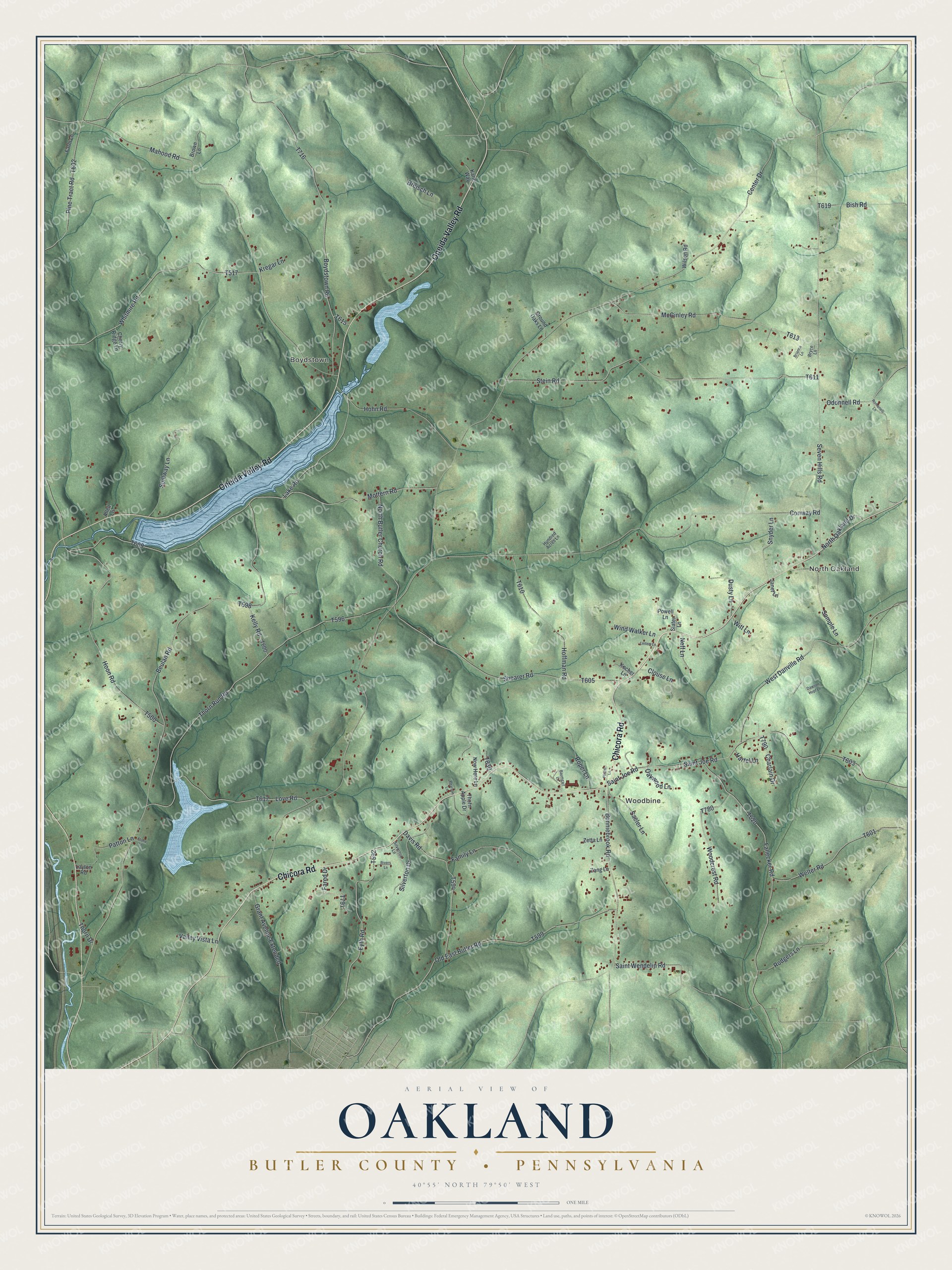 Full map of Oakland, Butler County, Pennsylvania, with red buildings, printed street names and the land around them