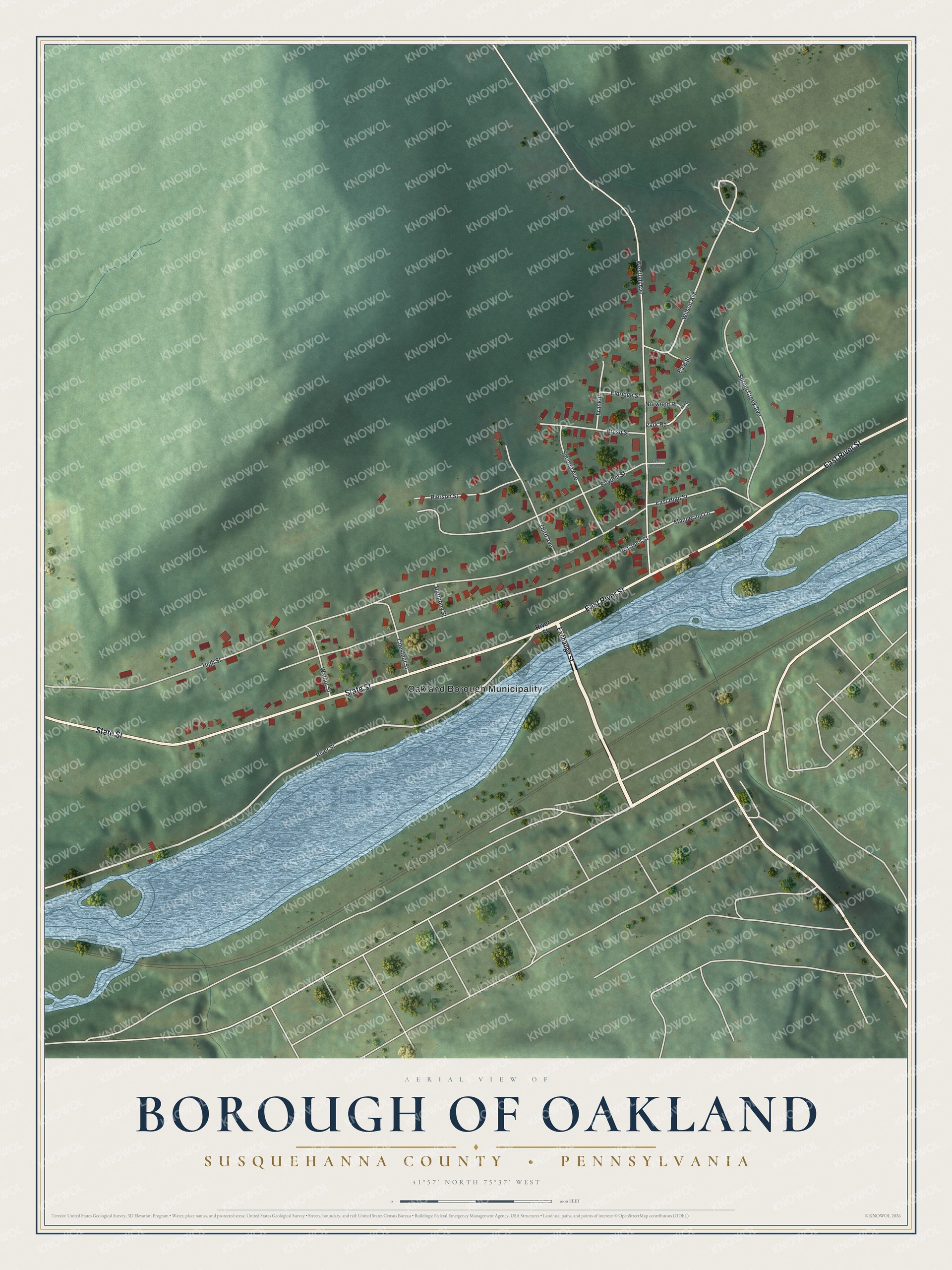 Full map of Oakland Borough, Susquehanna County, Pennsylvania, with red buildings, printed street names and the land around them