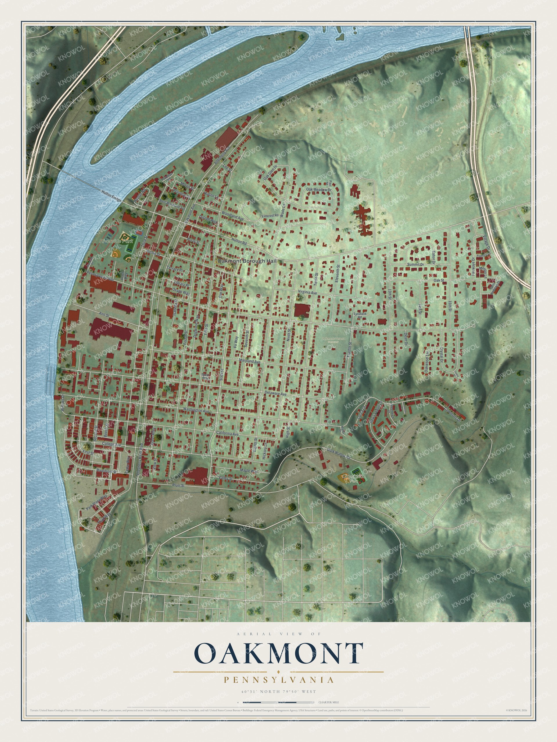 Full map of Oakmont, Pennsylvania, with red buildings, printed street names and the land around them