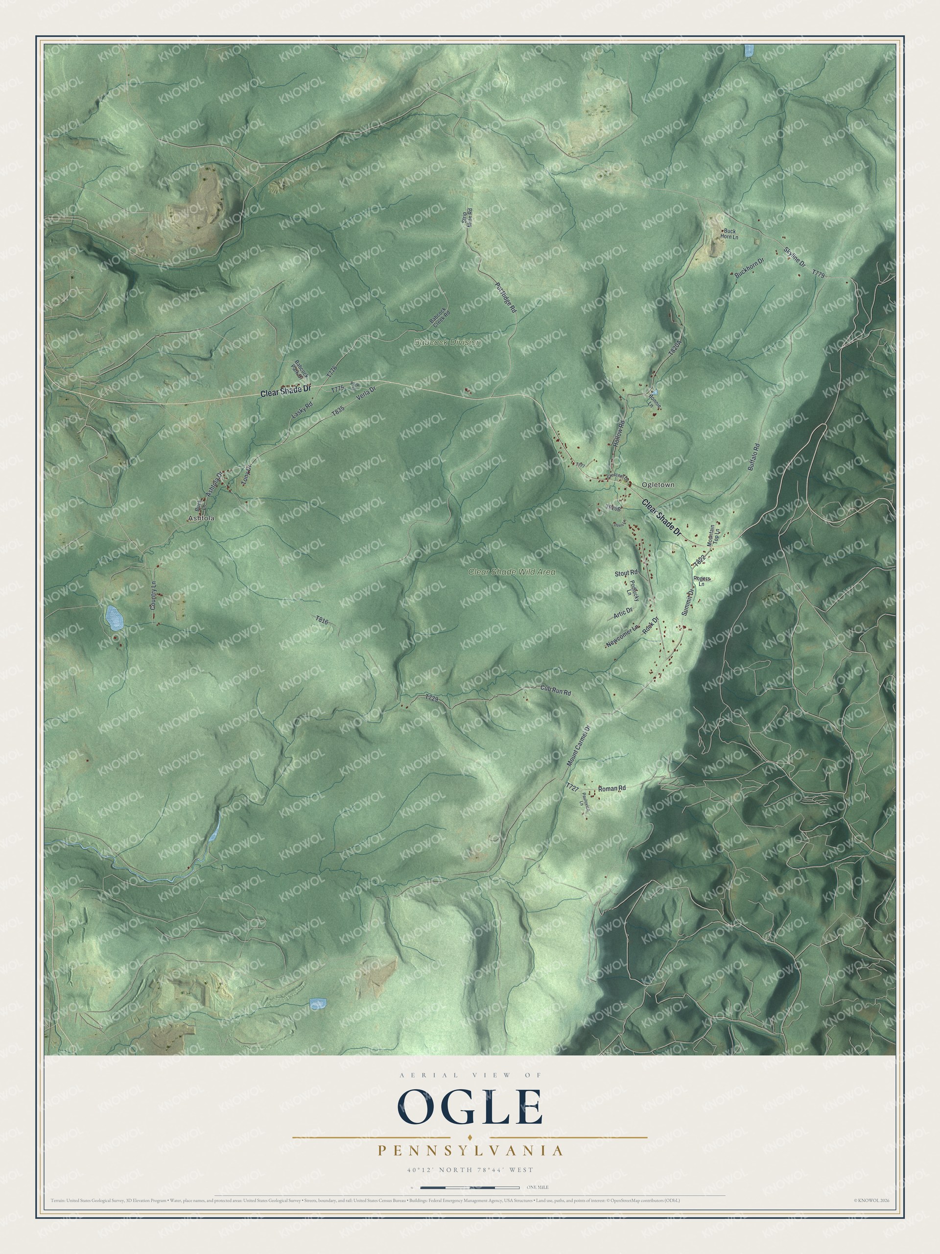 Full map of Ogle, Pennsylvania, with red buildings, printed street names and the land around them