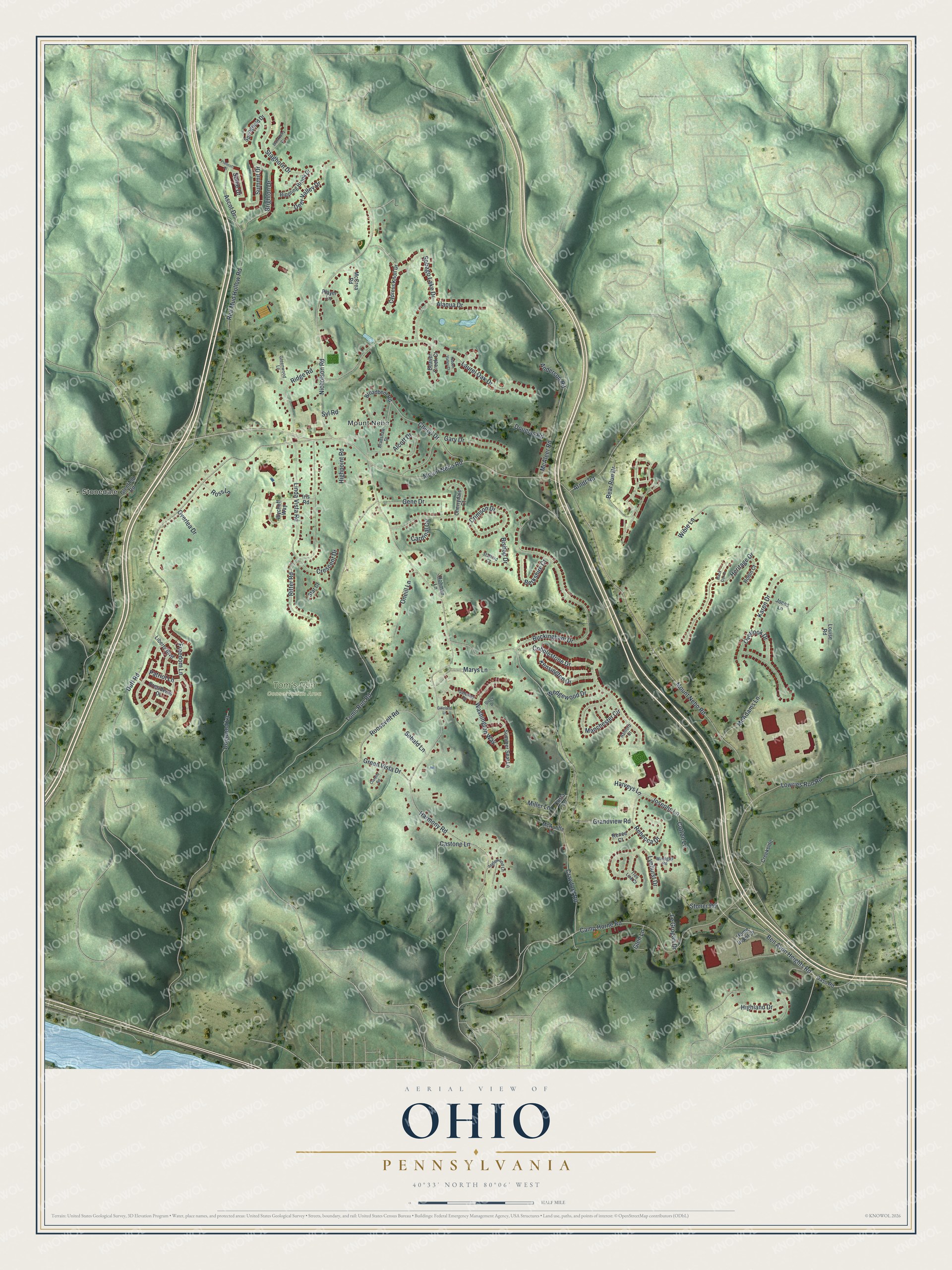 Full map of Ohio, Pennsylvania, with red buildings, printed street names and the land around them