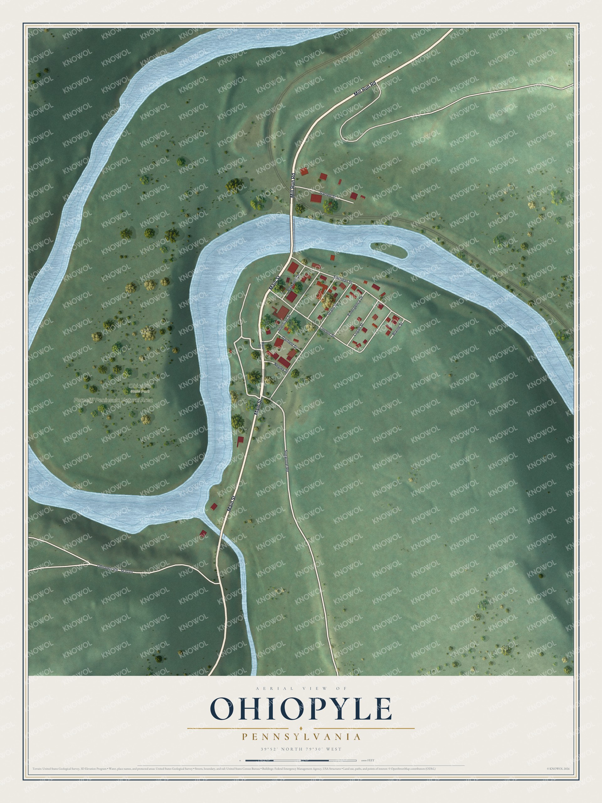 Full map of Ohiopyle, Pennsylvania, with red buildings, printed street names and the land around them