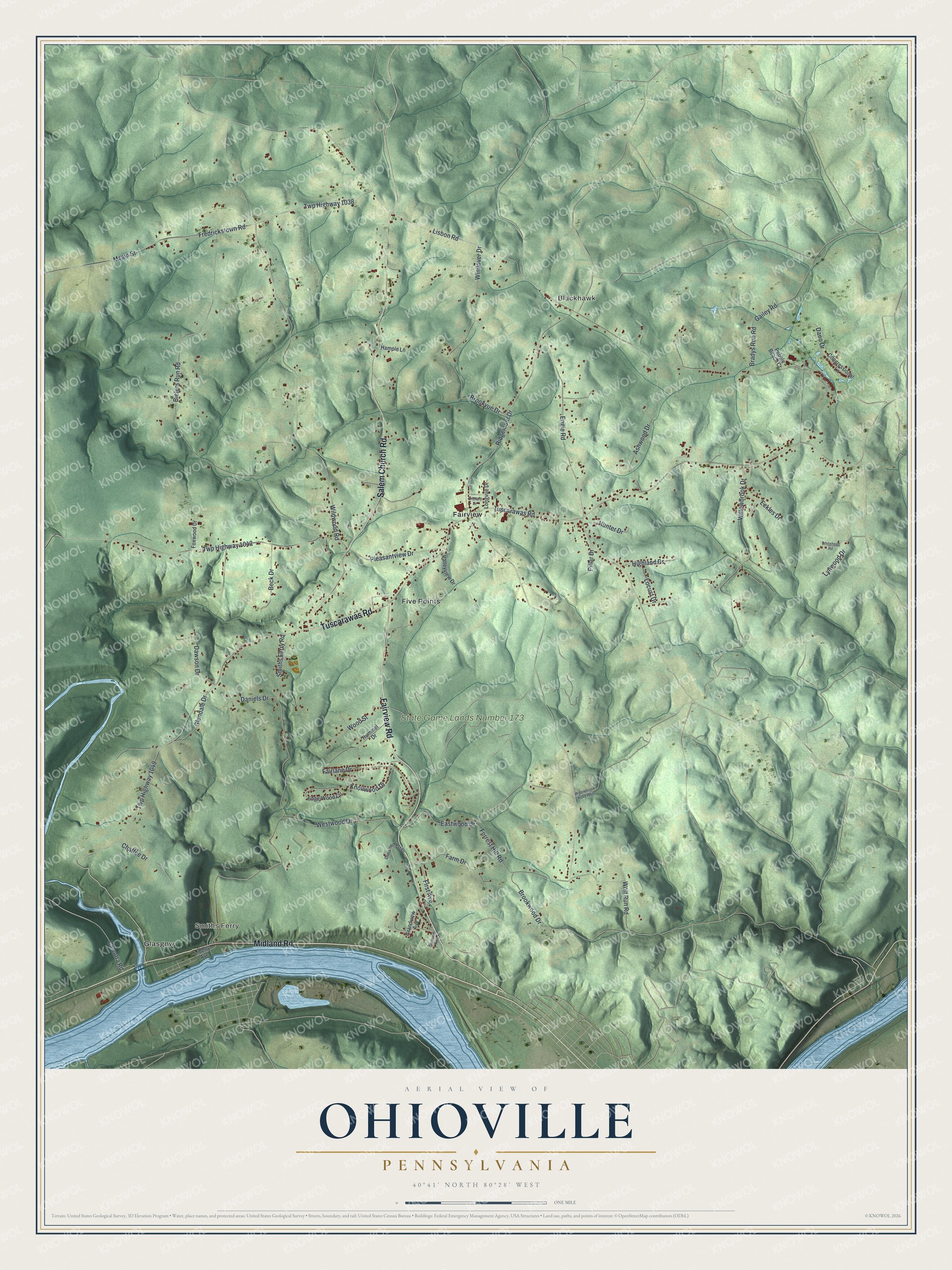 Full map of Ohioville, Pennsylvania, with red buildings, printed street names and the land around them