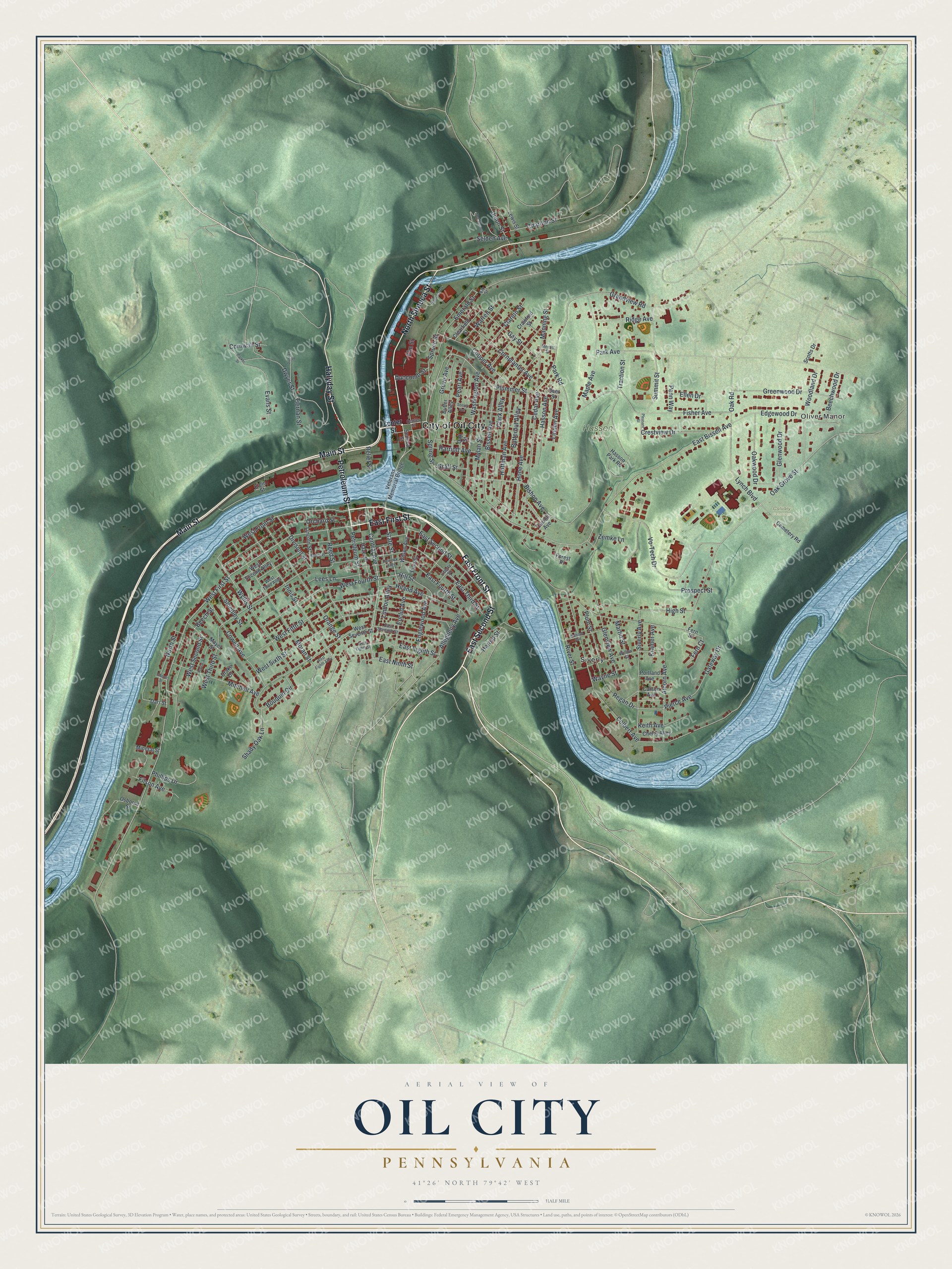 Full Oil City map with red buildings along broad blue river bends, shaded green hills, labeled streets, and a cream title panel