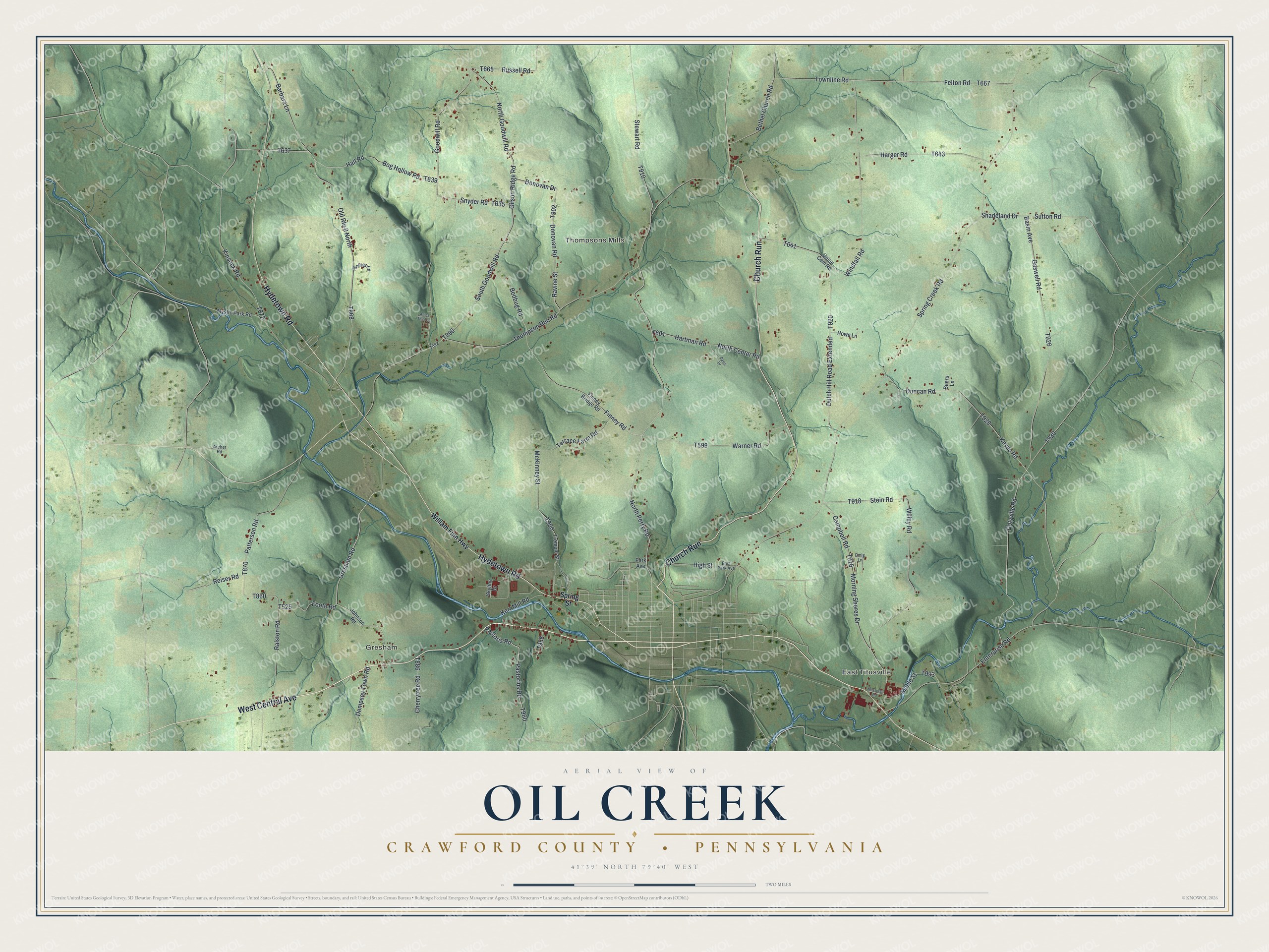 Full map of Oil Creek, Crawford County, Pennsylvania, with red buildings, printed street names and the land around them