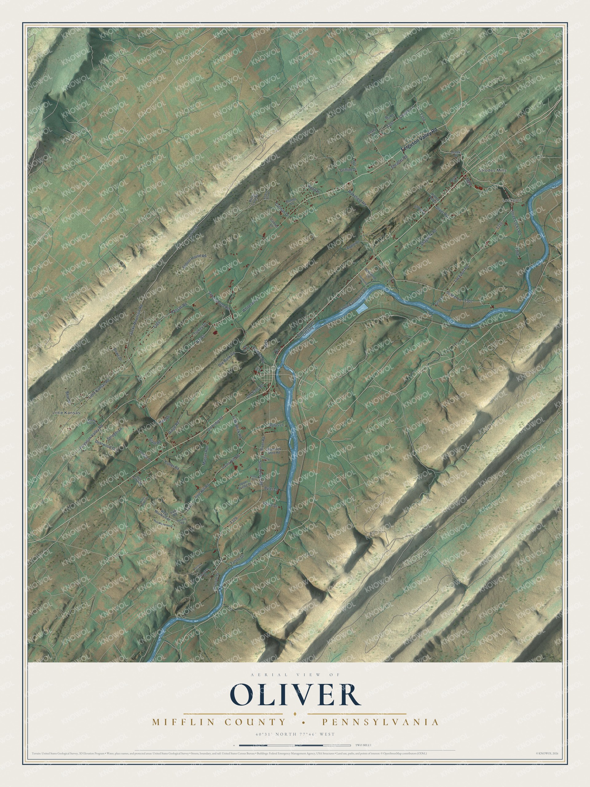 Full map of Oliver, Mifflin County, Pennsylvania, with red buildings, printed street names and the land around them