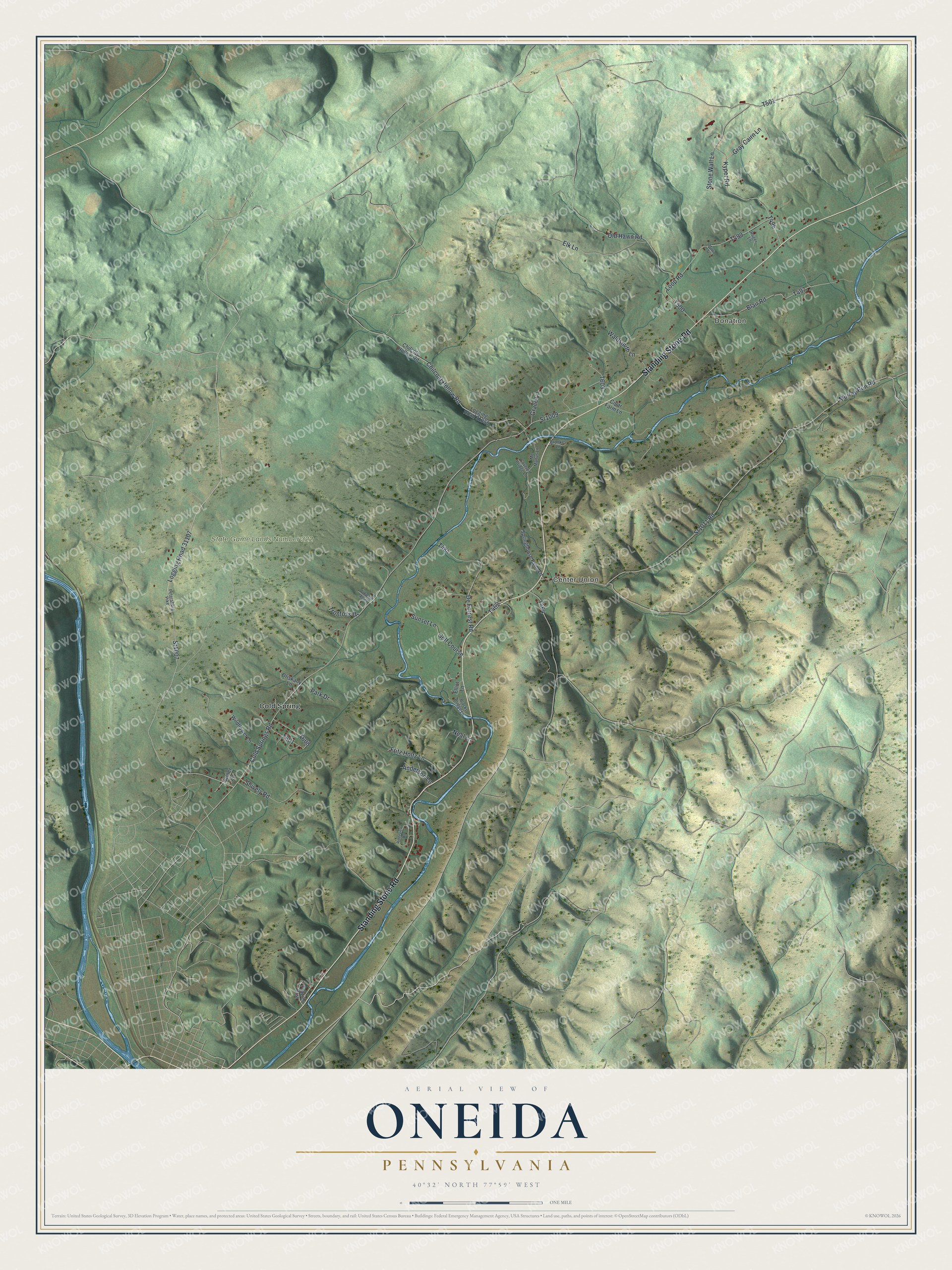 Full map of Oneida, Pennsylvania, with red buildings, printed street names and the land around them