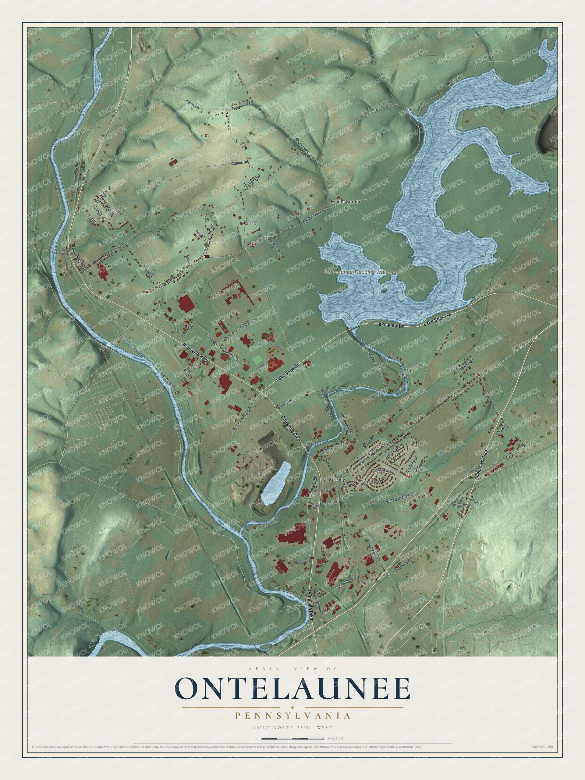 Full map of Ontelaunee, Pennsylvania, with red buildings, printed street names and the land around them
