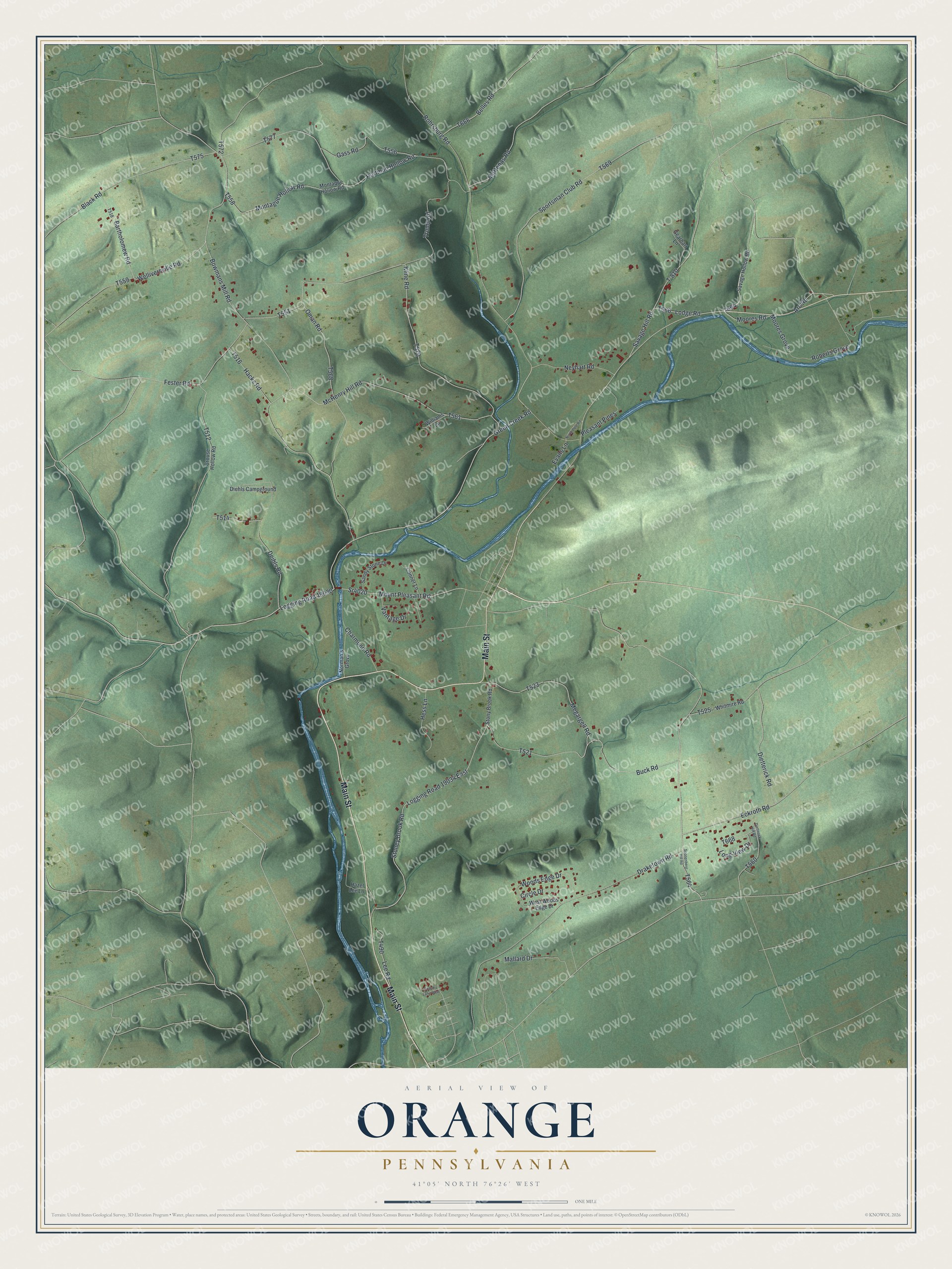 Full map of Orange, Pennsylvania, with red buildings, printed street names and the land around them