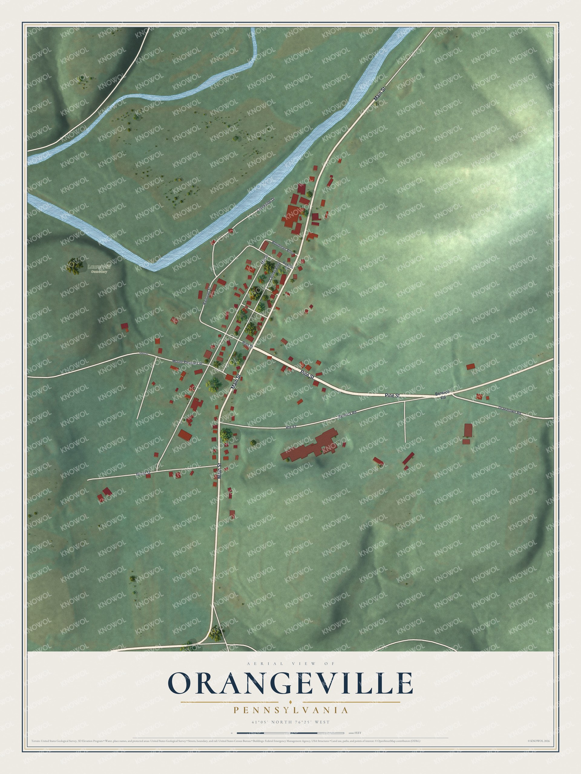 Full map of Orangeville, Pennsylvania, with red buildings, printed street names and the land around them