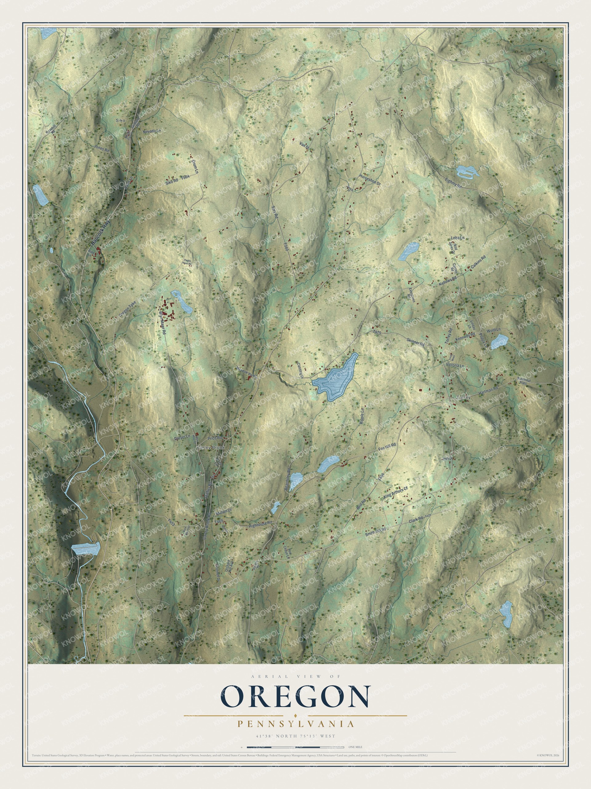 Full Oregon, Pennsylvania map with green hills, blue ponds, red buildings, and a cream title panel beneath the aerial view