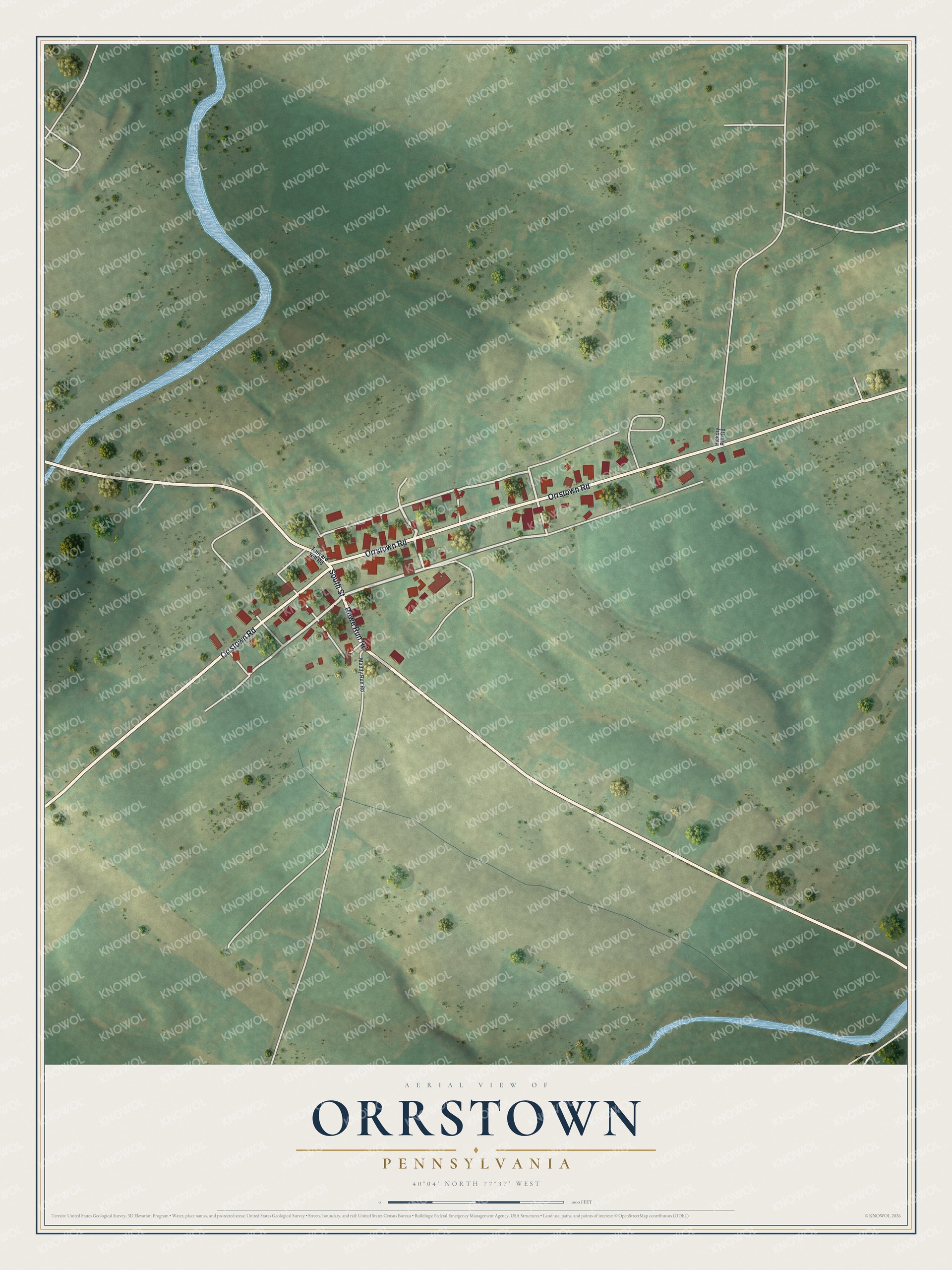 Full map of Orrstown, Pennsylvania, with red buildings, printed street names and the land around them