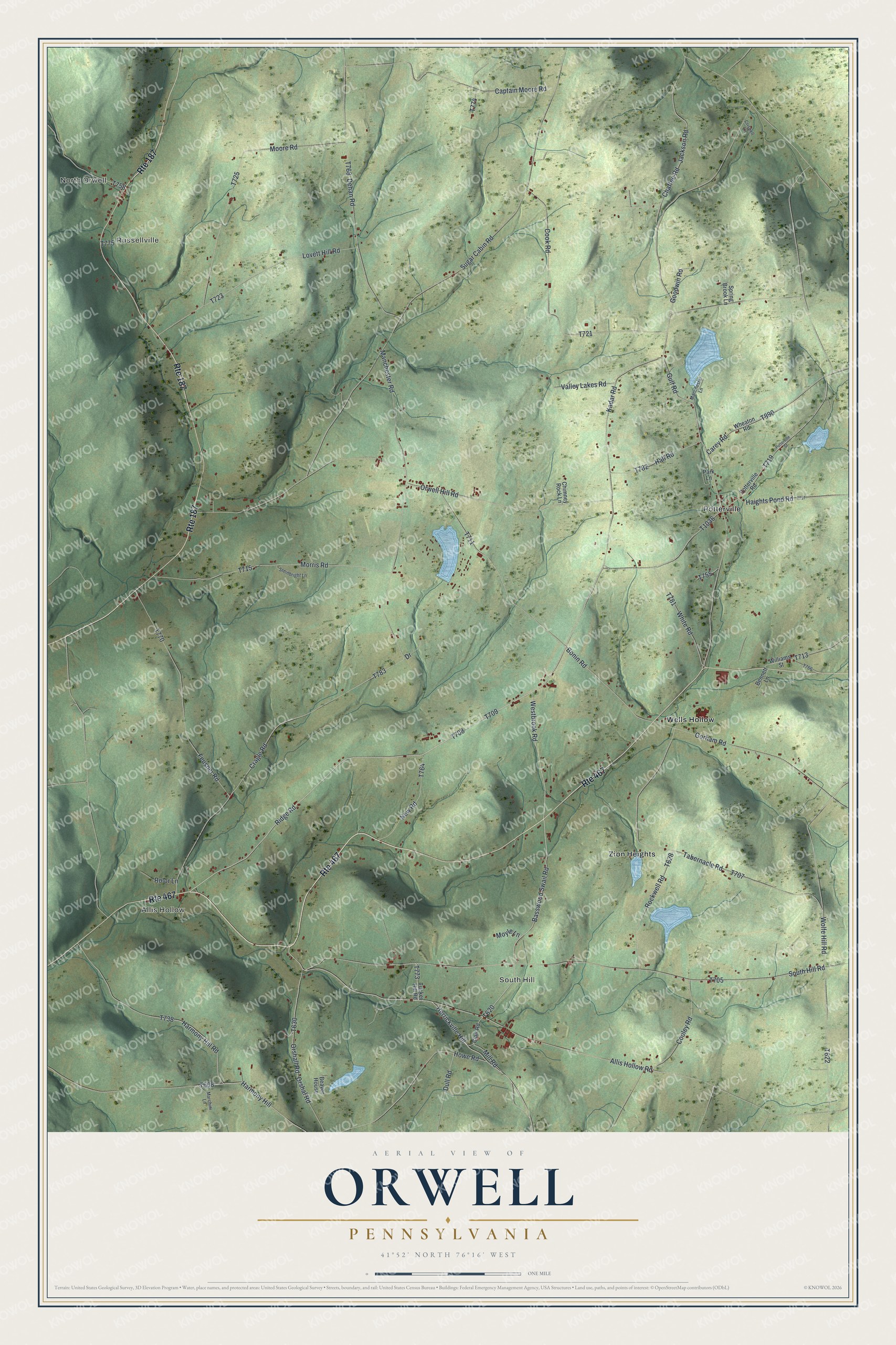 Full map of Orwell, Pennsylvania, with red buildings, printed street names and the land around them