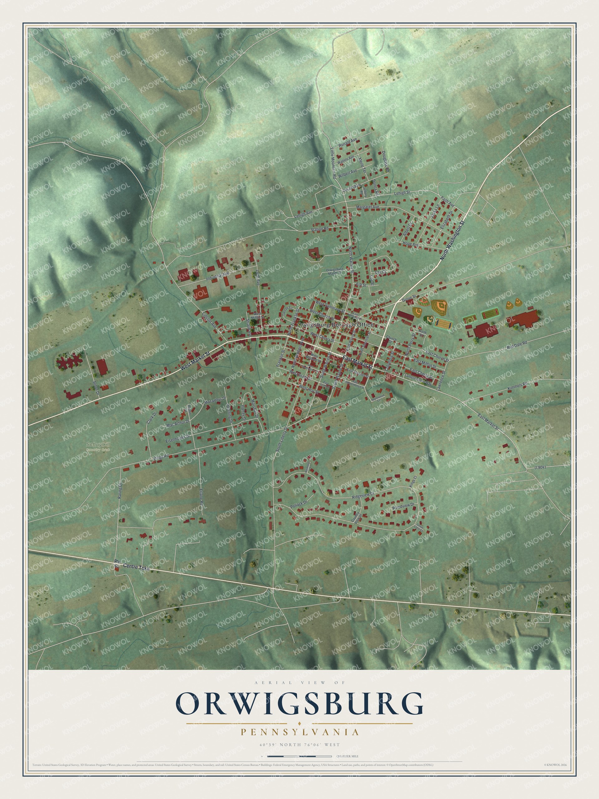 Full map of Orwigsburg, Pennsylvania, with red buildings, printed street names and the land around them