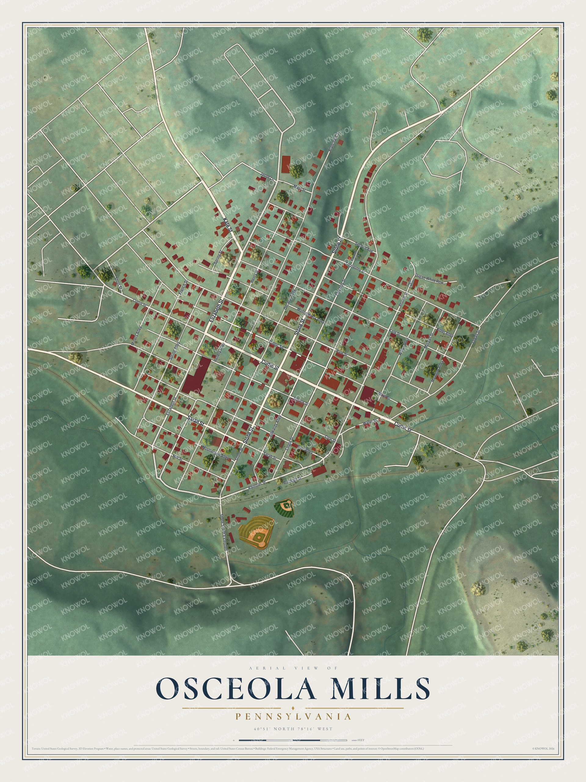 Full map of Osceola Mills, Pennsylvania, with red buildings, printed street names and the land around them