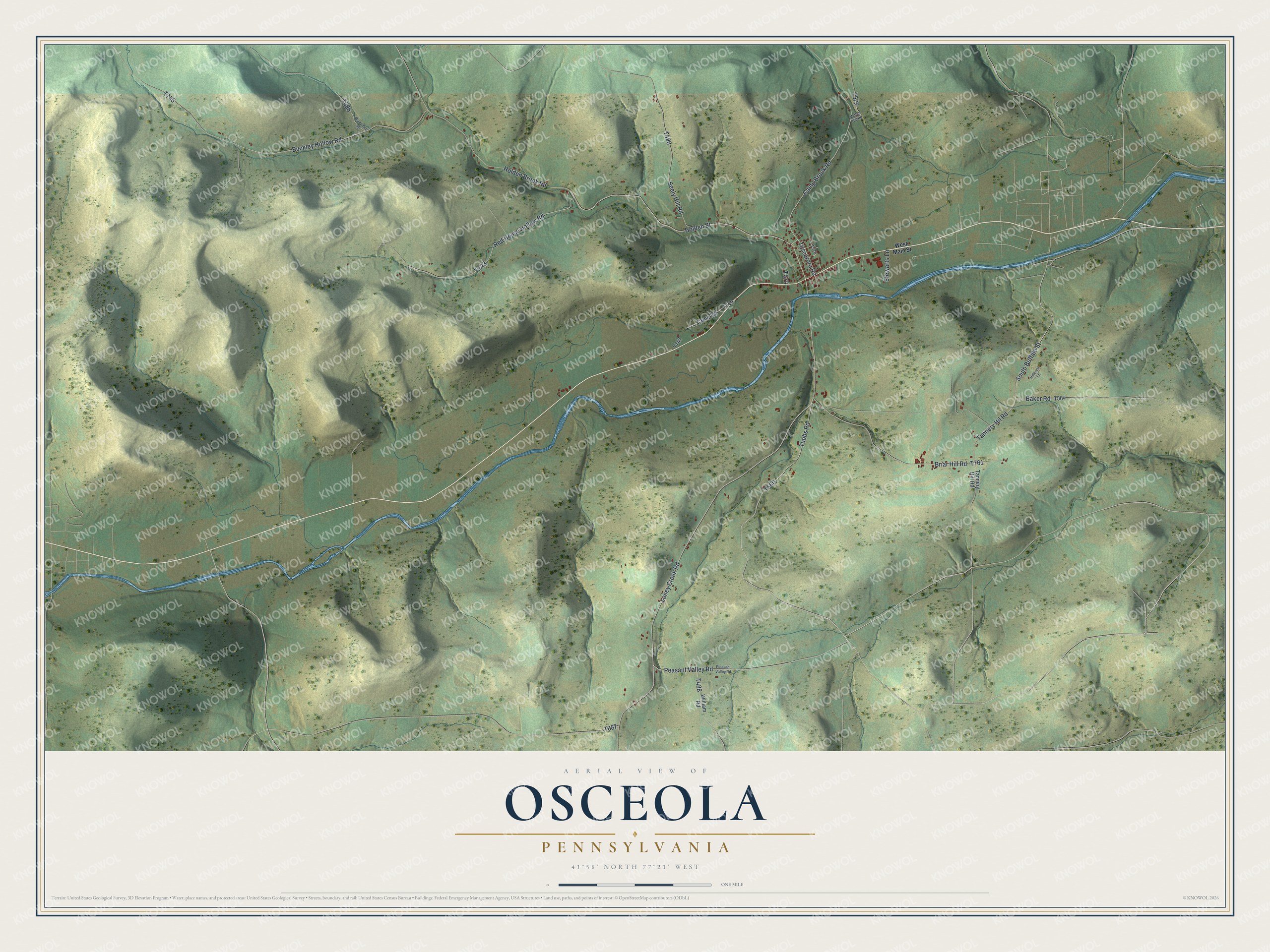 Full map of Osceola, Pennsylvania, with red buildings, printed street names and the land around them
