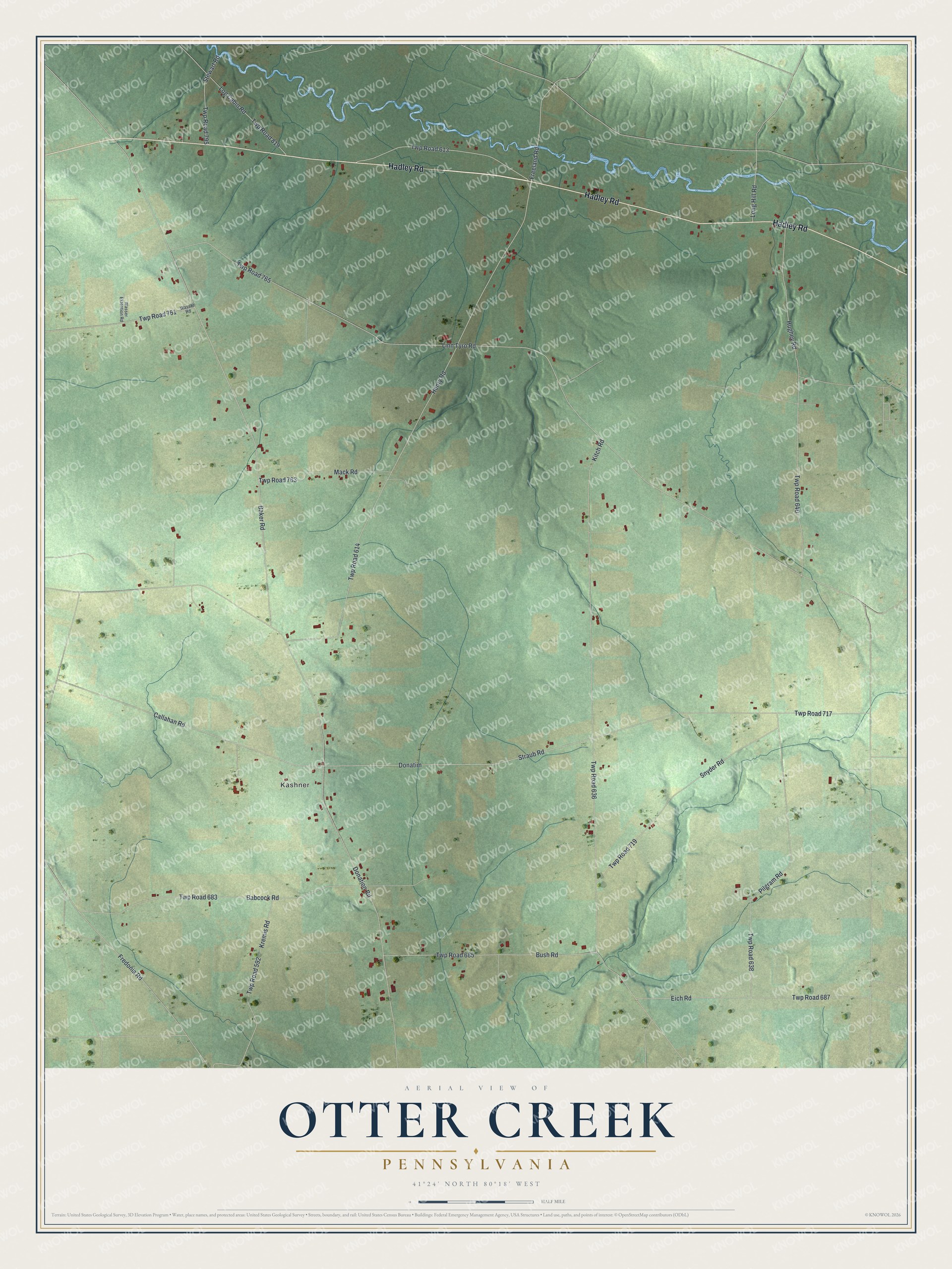 Full map of Otter Creek, Pennsylvania, with red buildings, printed street names and the land around them