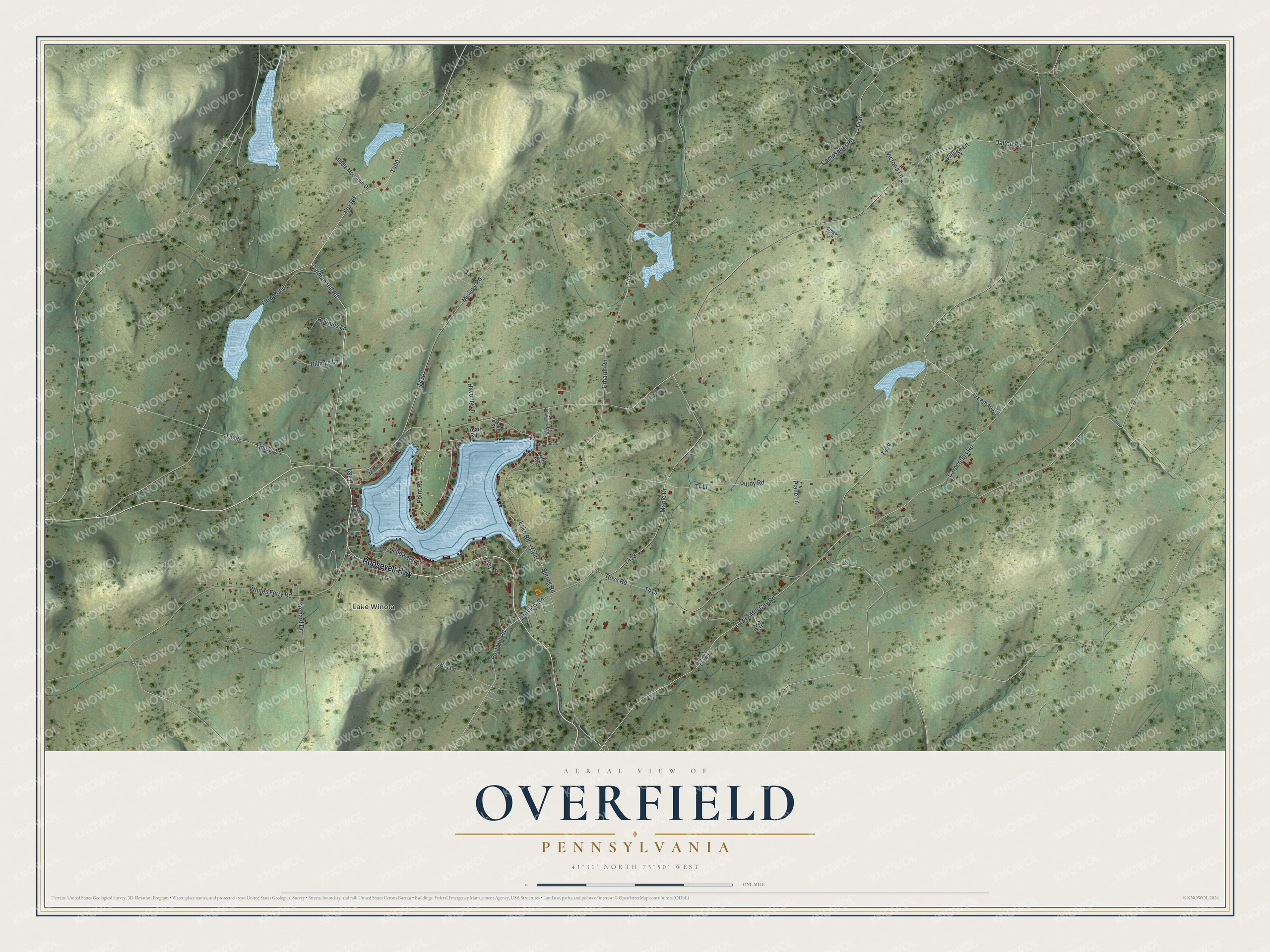Full map of Overfield, Pennsylvania, with red buildings, printed street names and the land around them