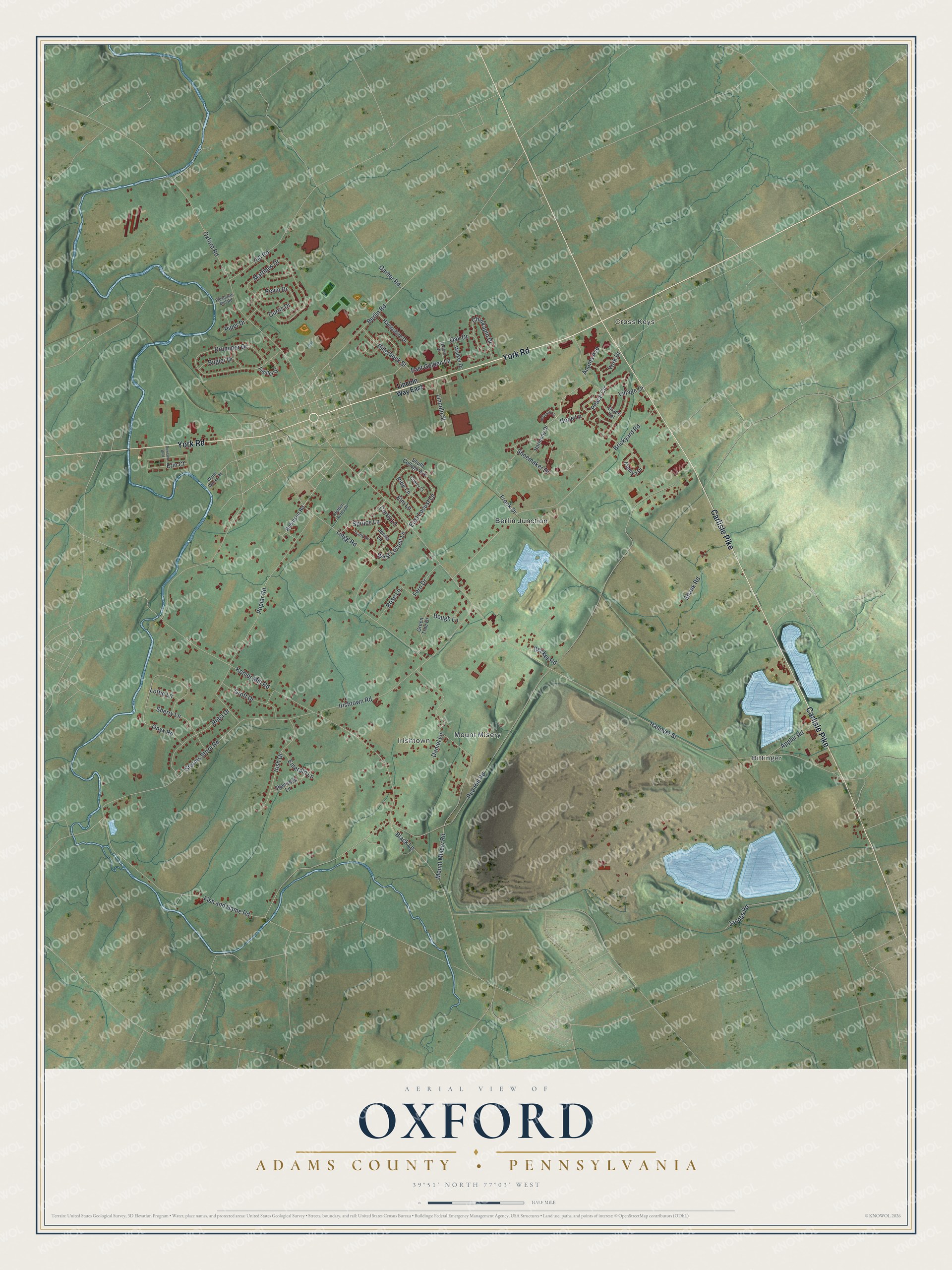 Full map of Oxford, Adams County, Pennsylvania, with red buildings, printed street names and the land around them