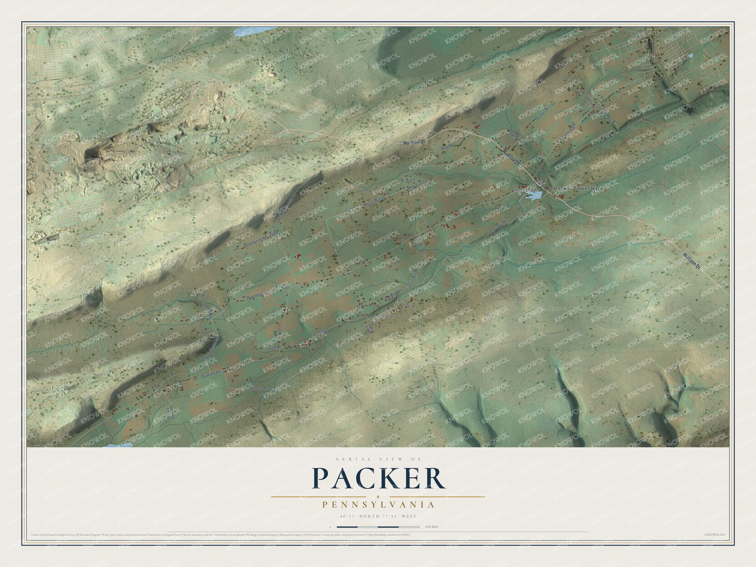 Full map of Packer, Pennsylvania, with red buildings, printed street names and the land around them