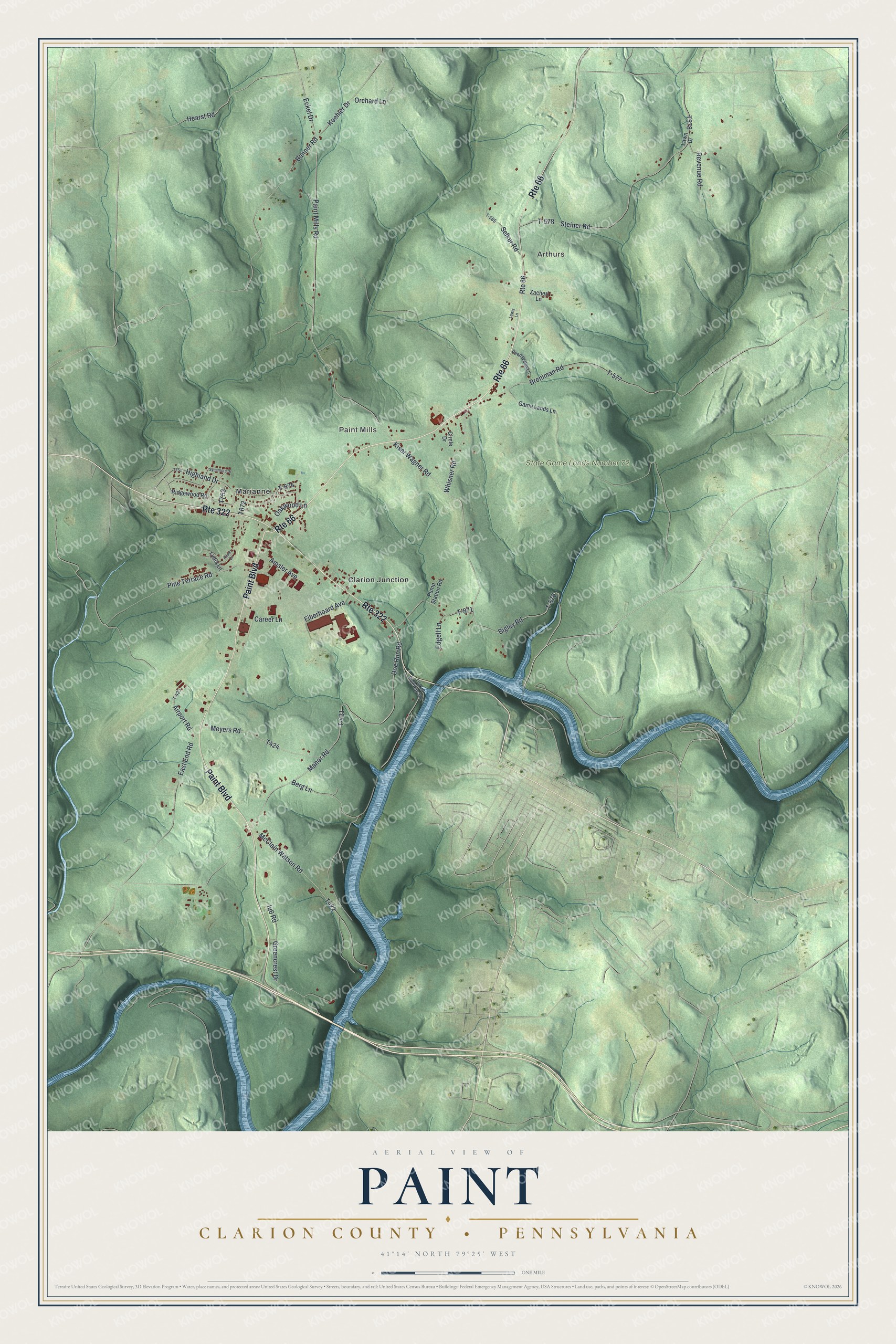 Full map of Paint, Clarion County, Pennsylvania, with red buildings, printed street names and the land around them