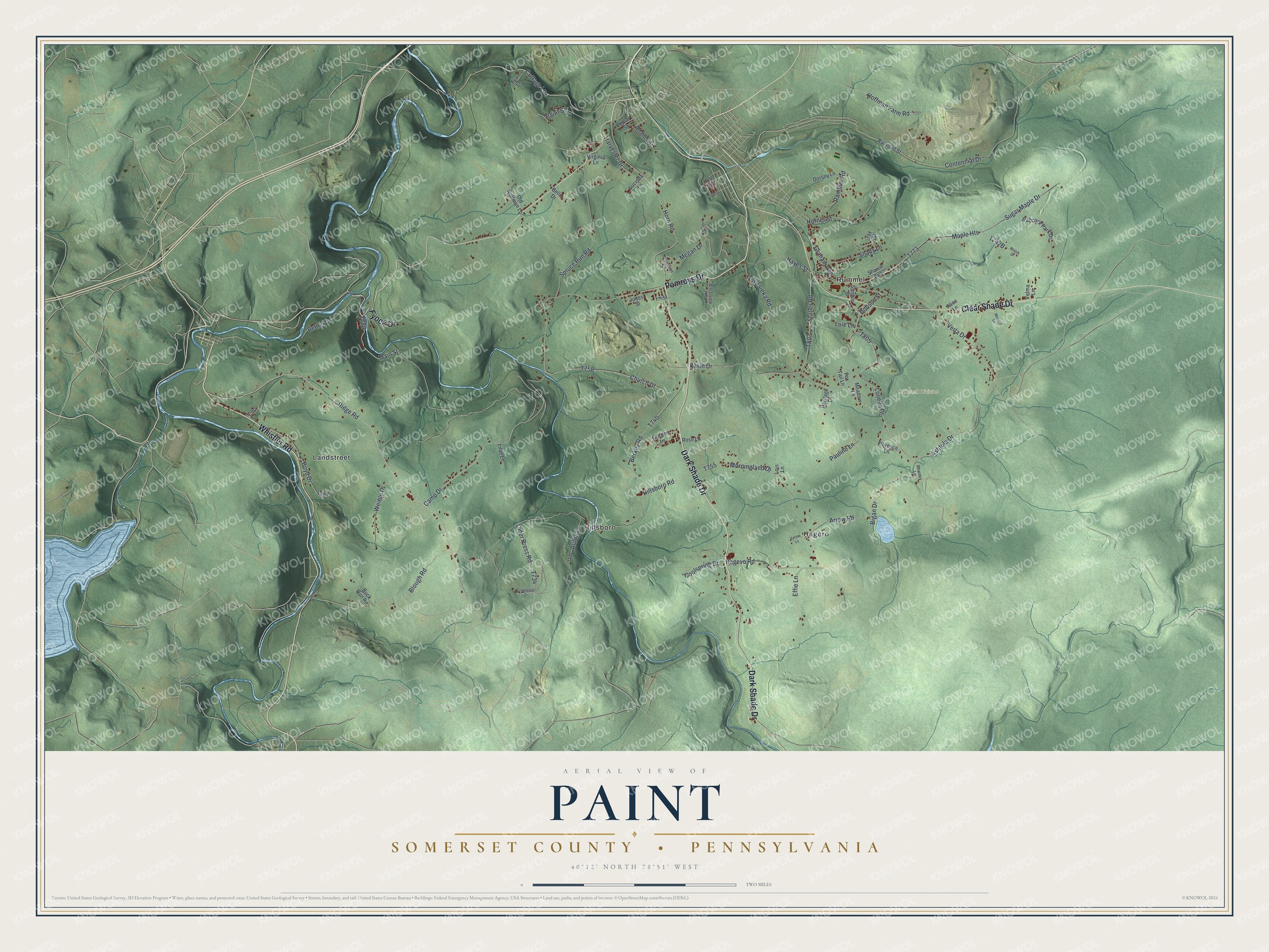 Full map of Paint Township, Somerset County, Pennsylvania, with red buildings, printed street names and the land around them