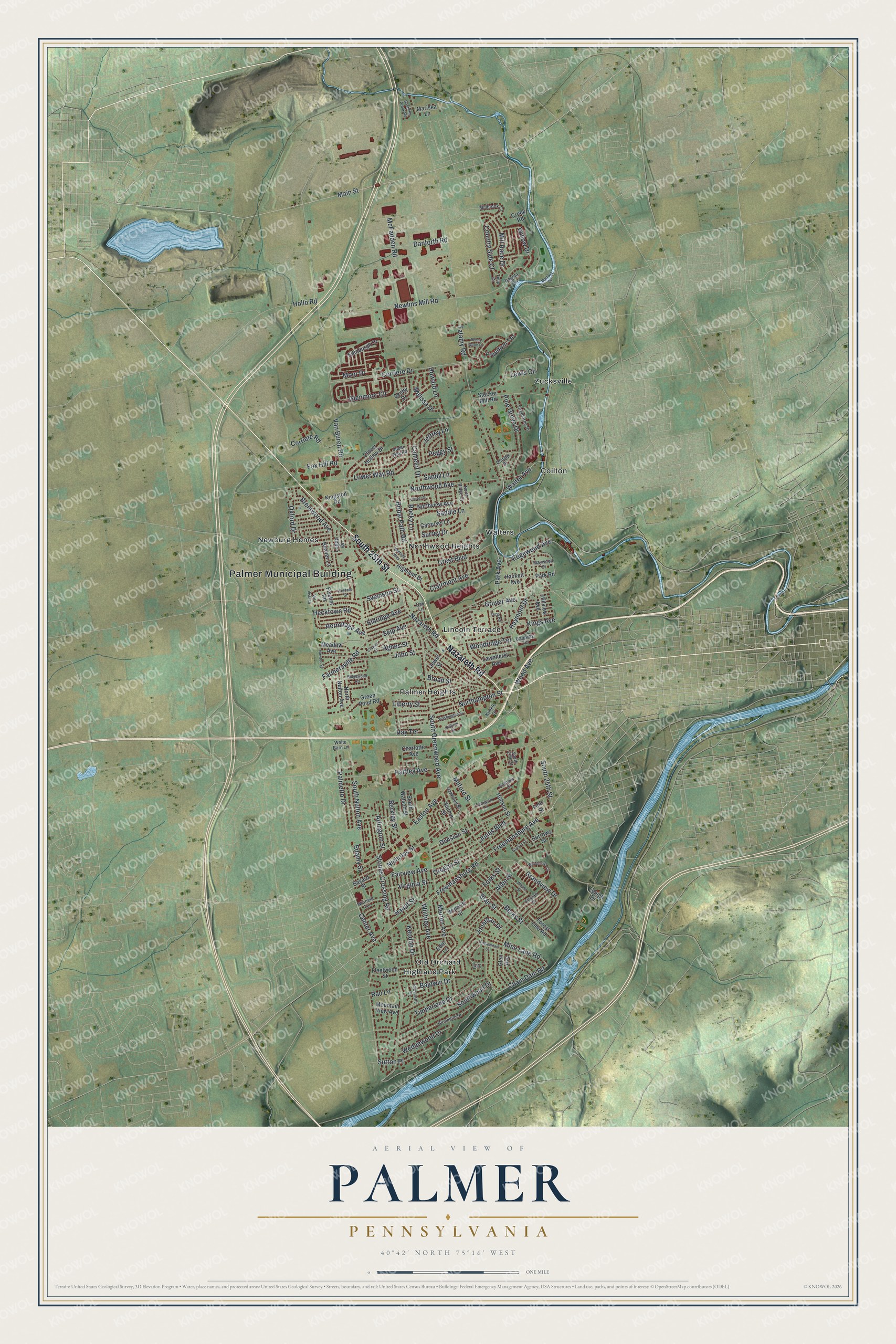 Full map of Palmer, Pennsylvania, with red buildings, printed street names and the land around them