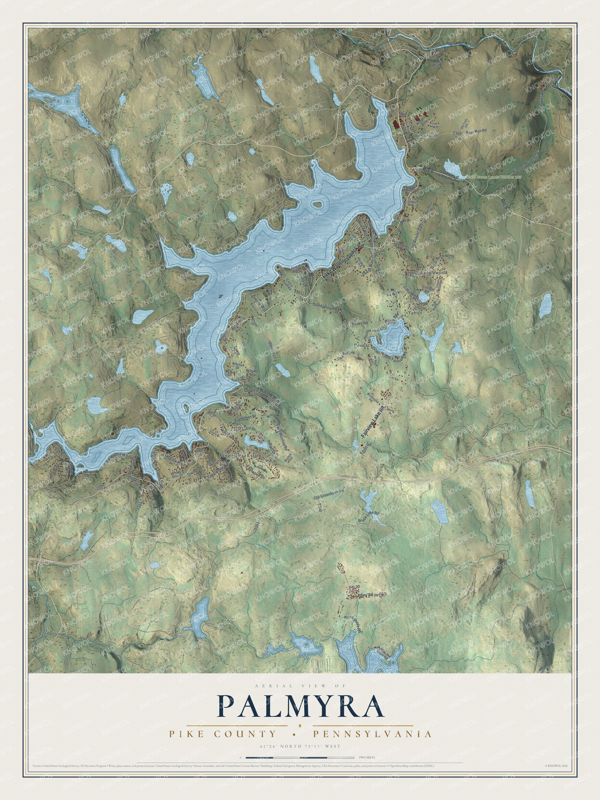 Full map of Palmyra, Pike County, Pennsylvania, with red buildings, printed street names and the land around them