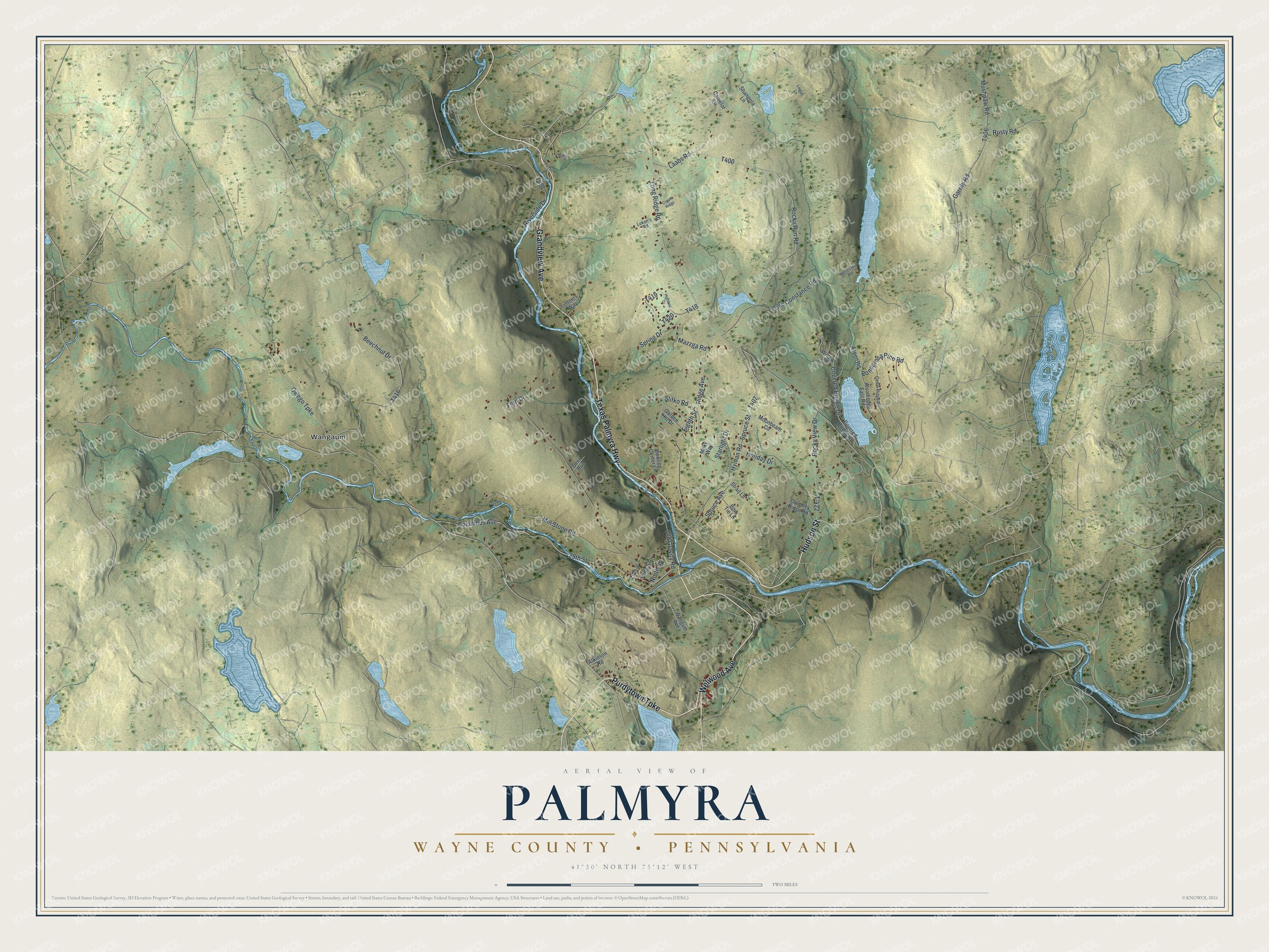Full map of Palmyra, Wayne County, Pennsylvania, with red buildings, printed street names and the land around them