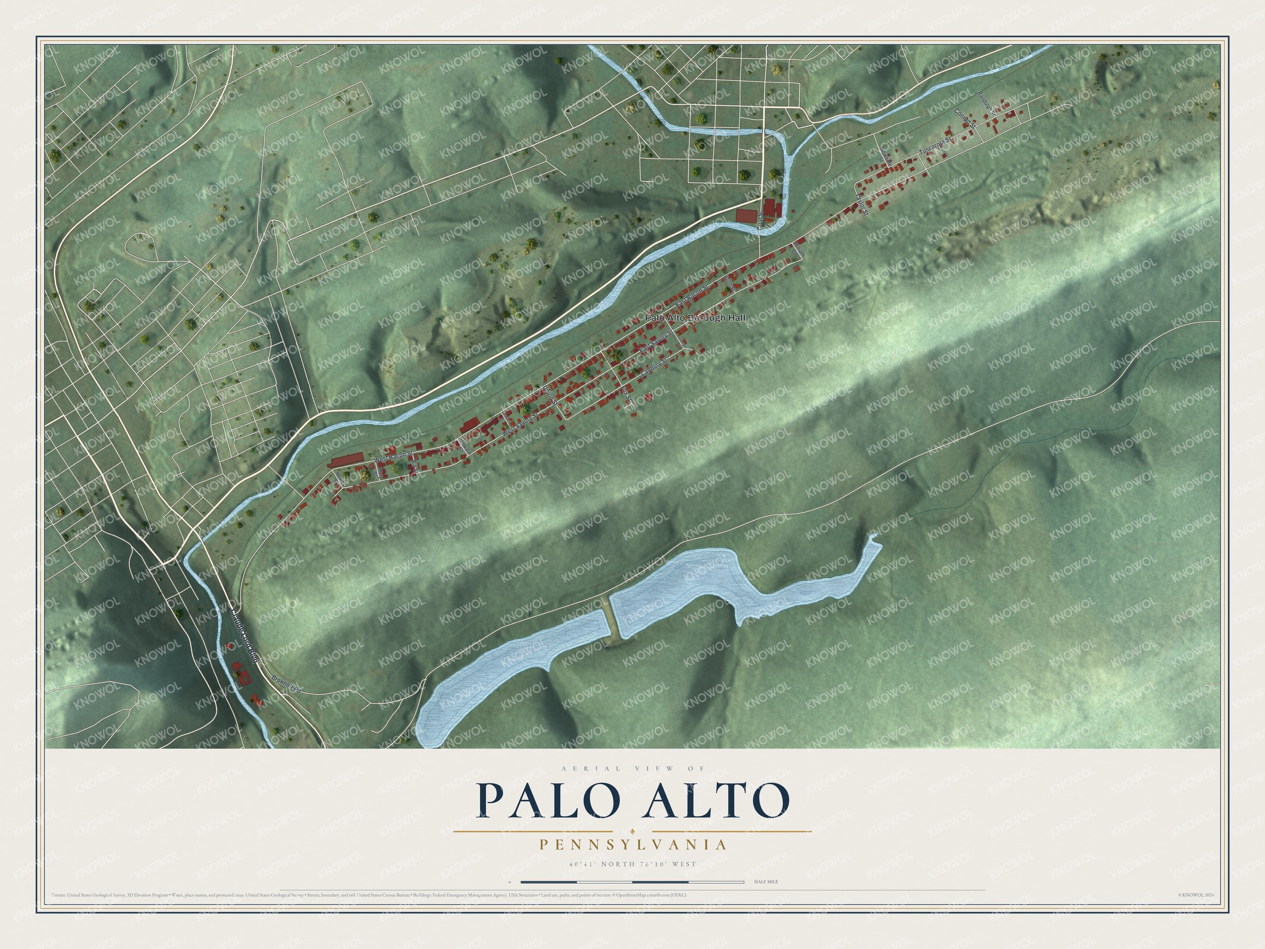Full map of Palo Alto, Pennsylvania, with red buildings, printed street names and the land around them