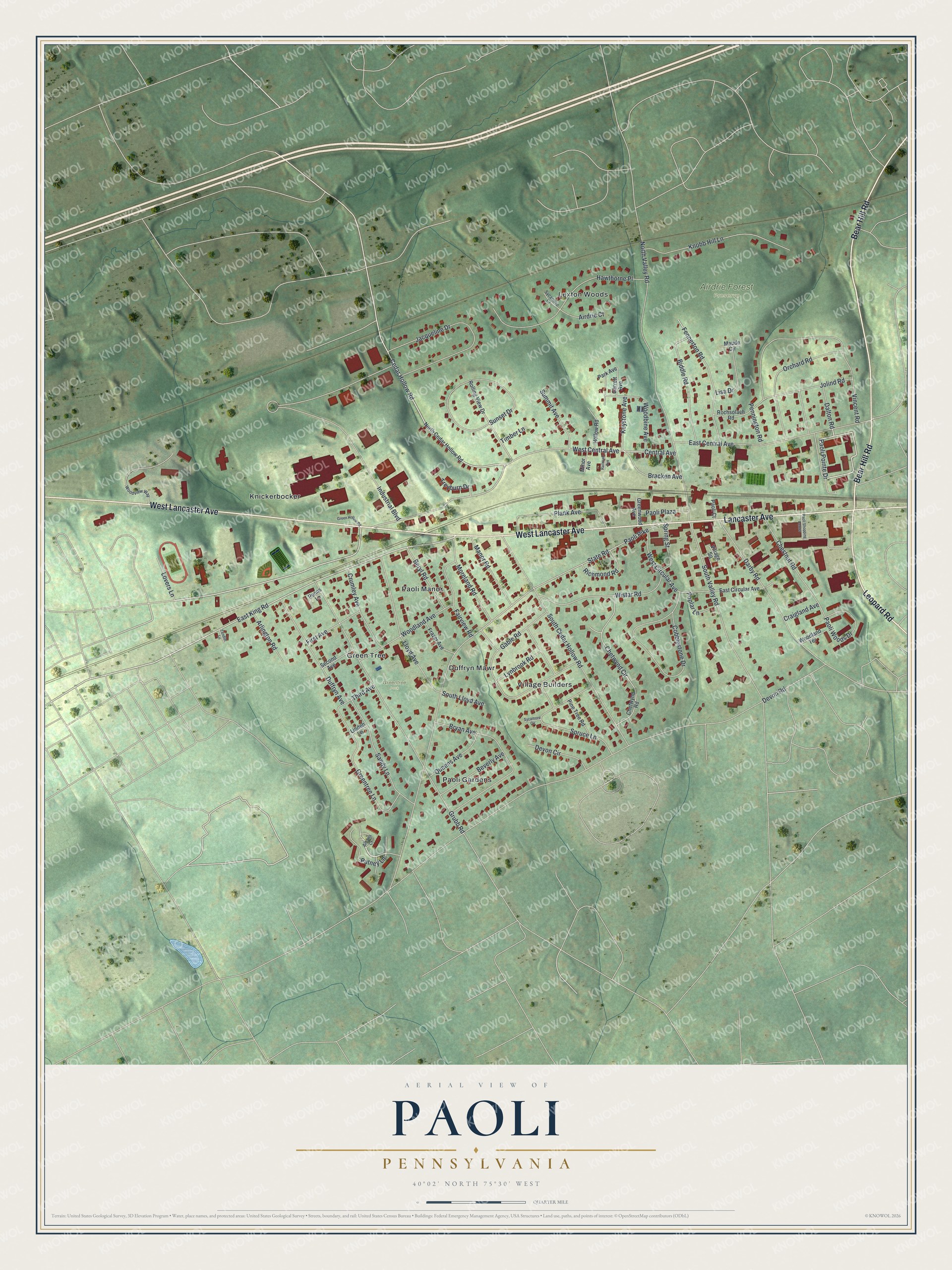 Full map of Paoli, Pennsylvania, with red buildings, printed street names and the land around them