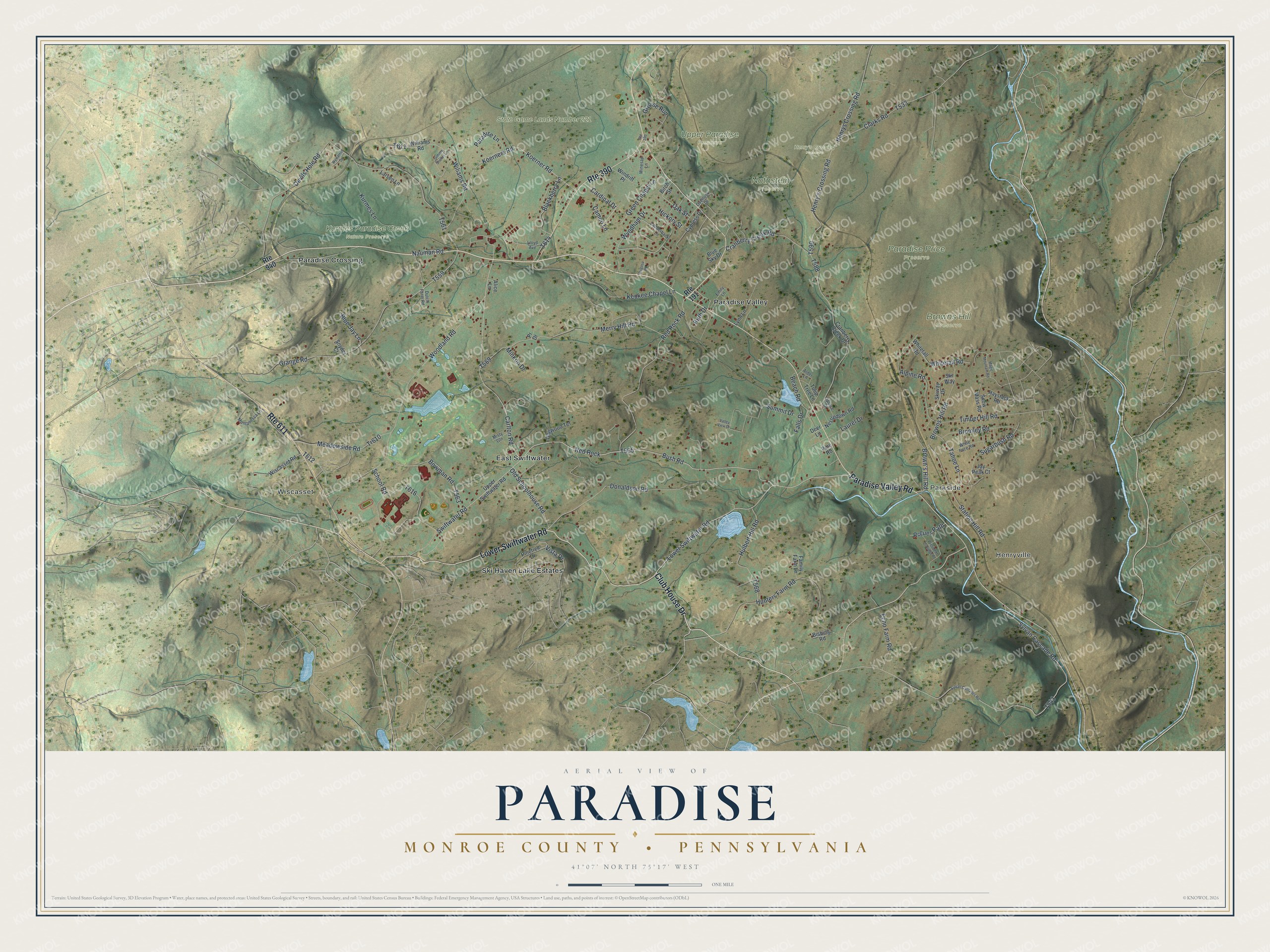 Full map of Paradise, Monroe County, Pennsylvania, with red buildings, printed street names and the land around them