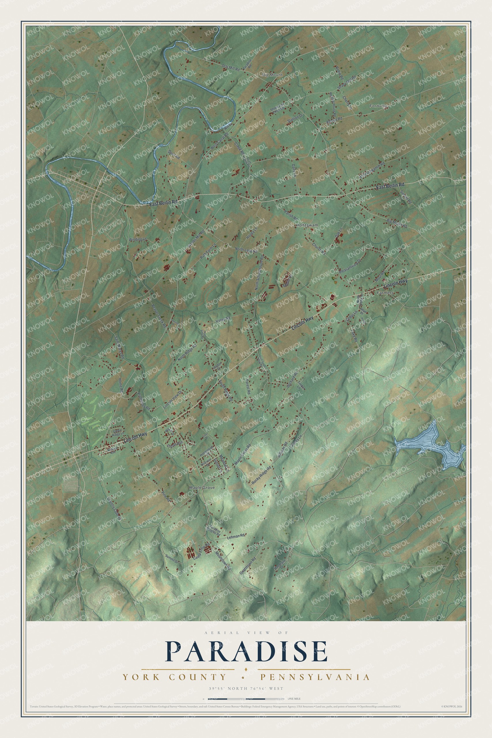 Full map of Paradise, York County, Pennsylvania, with red buildings, printed street names and the land around them
