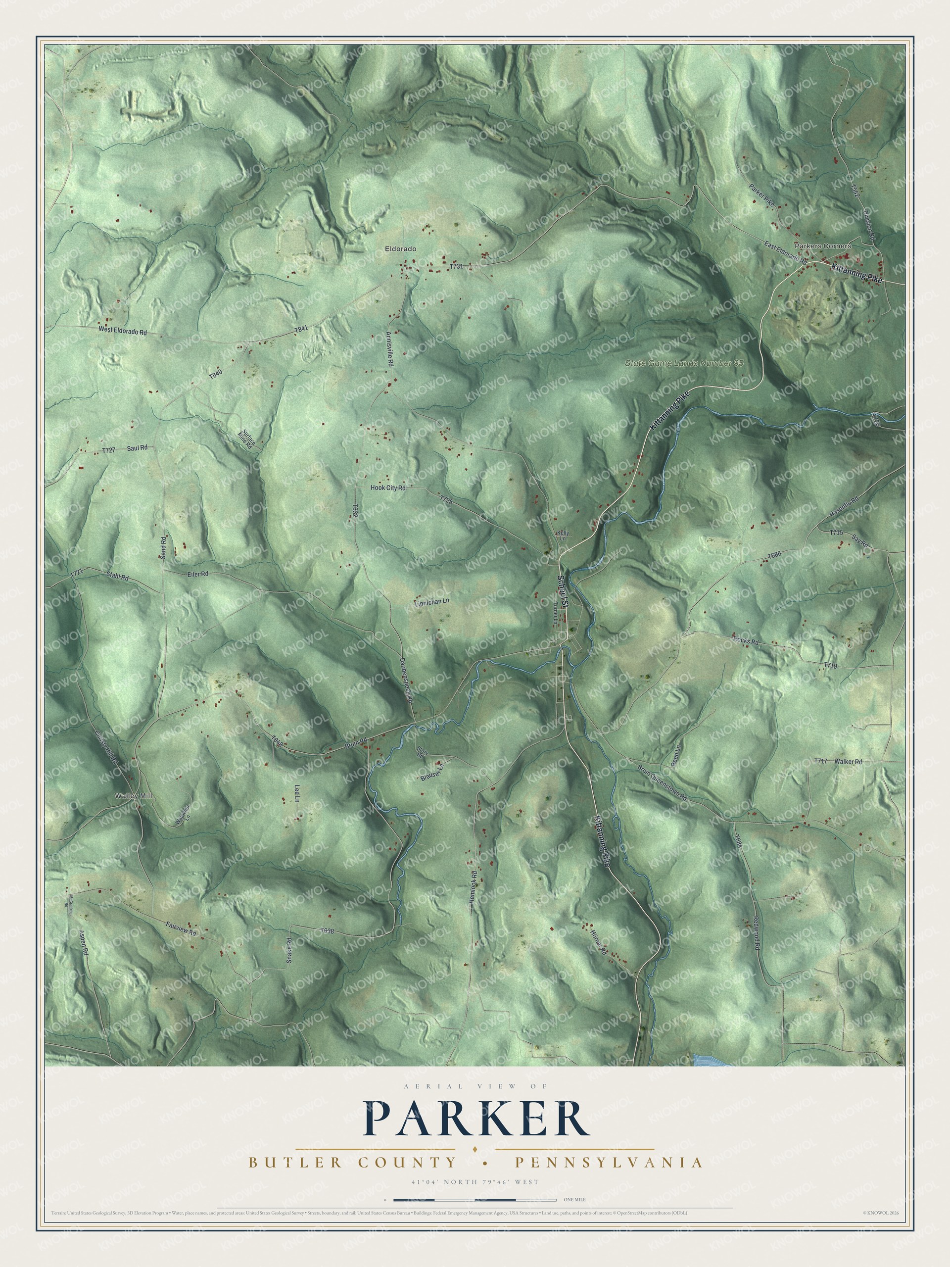 Full map of Parker, Butler County, Pennsylvania, with red buildings, printed street names and the land around them