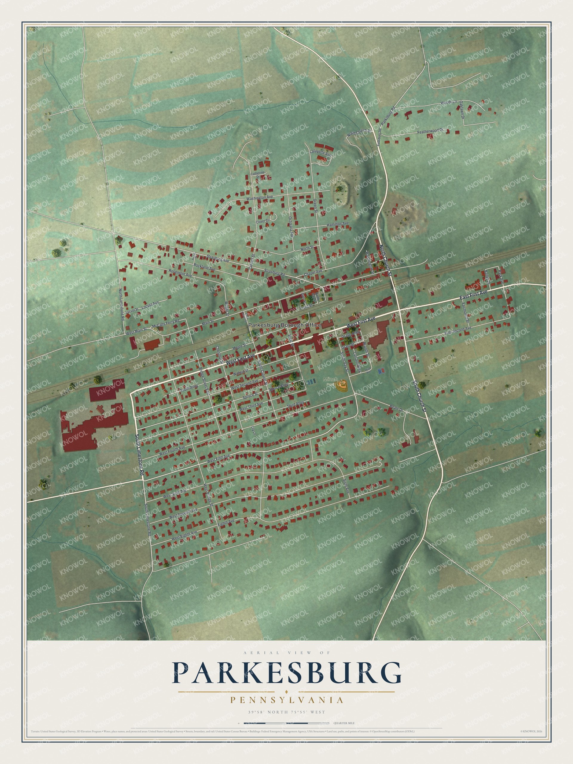 Full map of Parkesburg, Pennsylvania, with red buildings, printed street names and the land around them