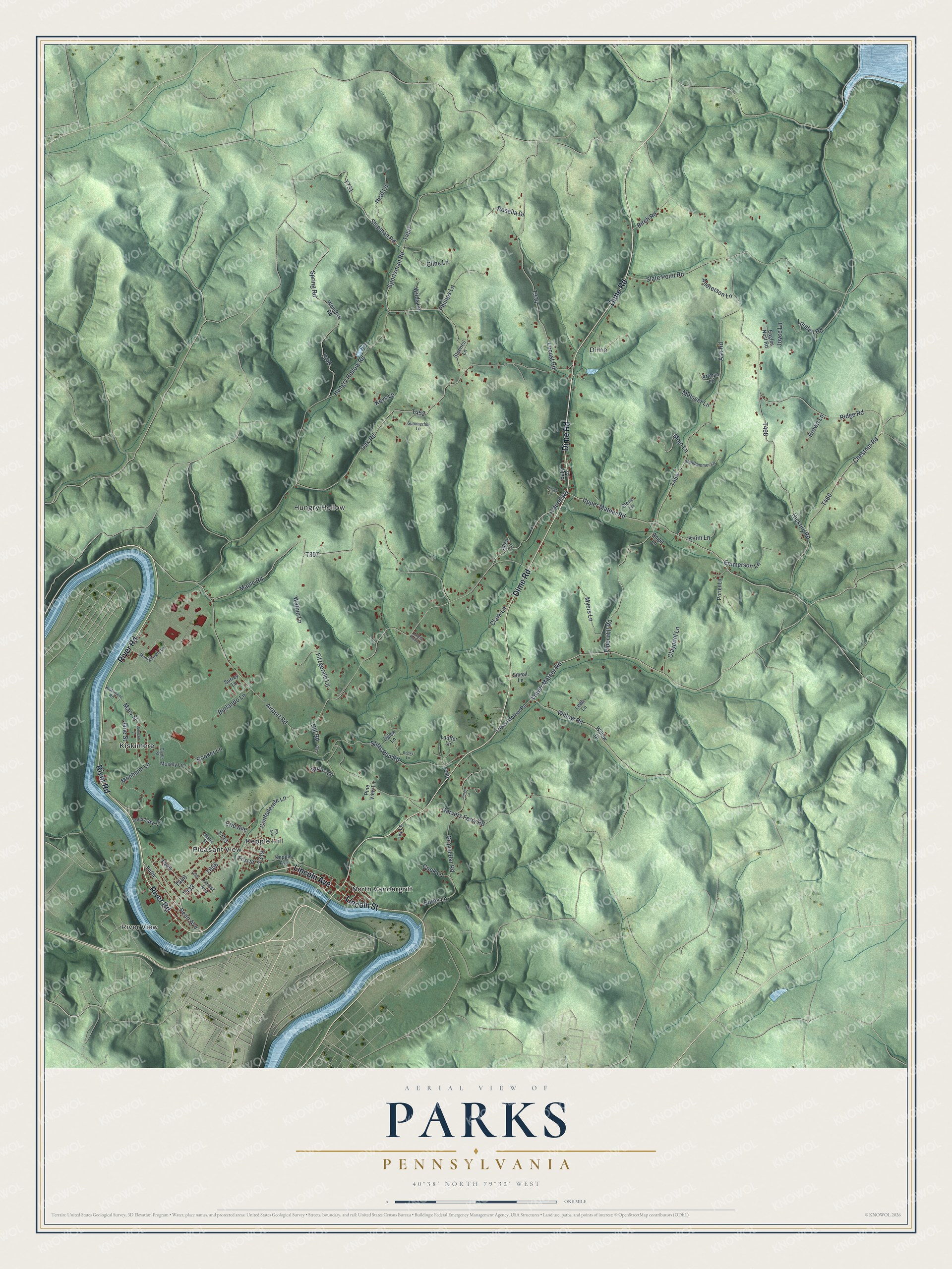 Full map of Parks, Pennsylvania, with red buildings, printed street names and the land around them