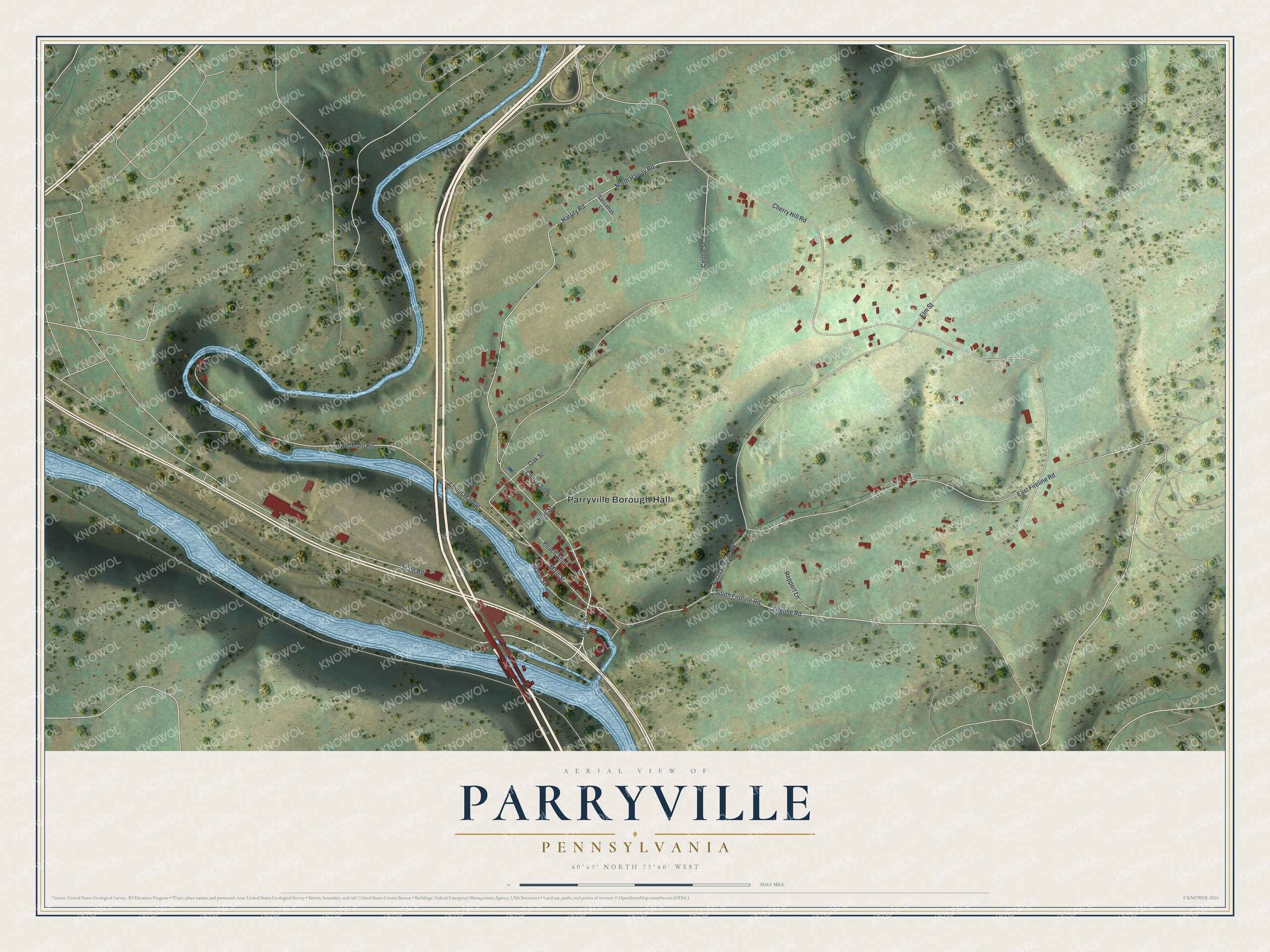 Full map of Parryville, Pennsylvania, with red buildings, printed street names and the land around them
