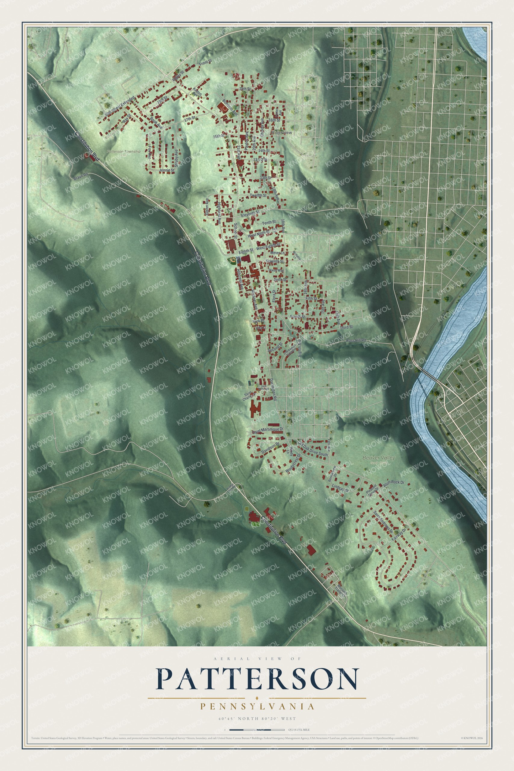 Full map of Patterson, Pennsylvania, with red buildings, printed street names and the land around them