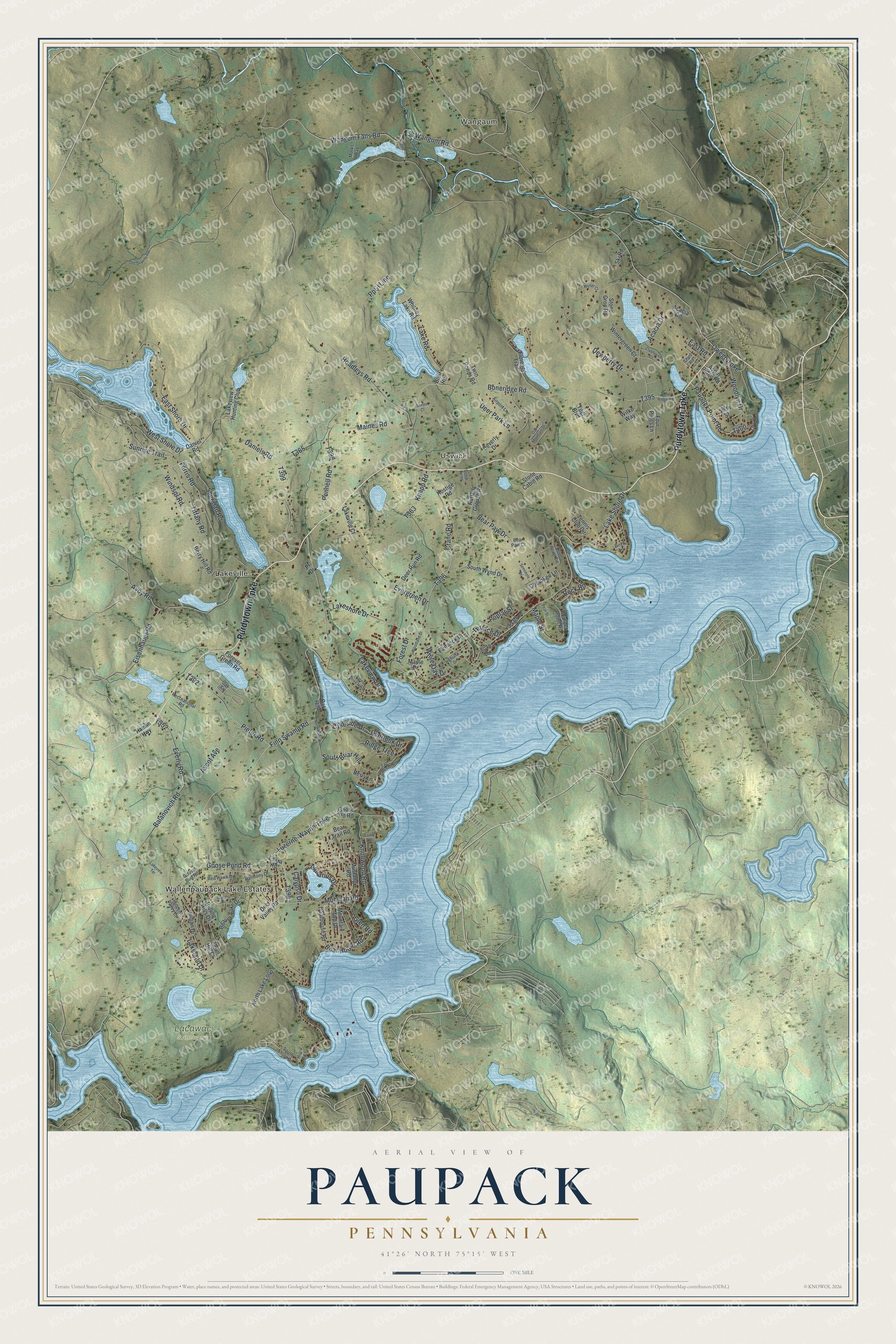 Full map of Paupack, Pennsylvania, with red buildings, printed street names and the land around them