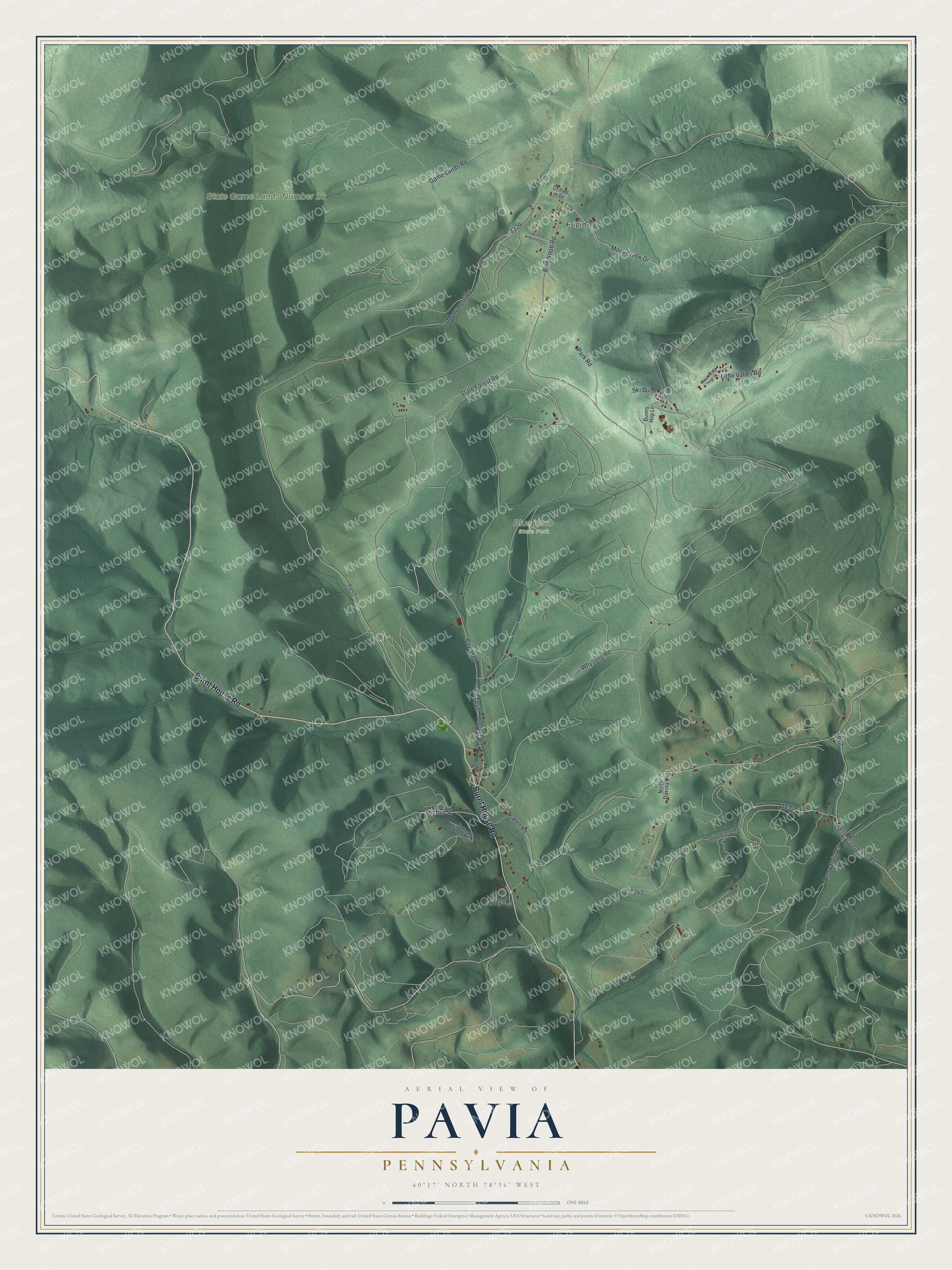 Full map of Pavia, Pennsylvania, with red buildings, printed street names and the land around them